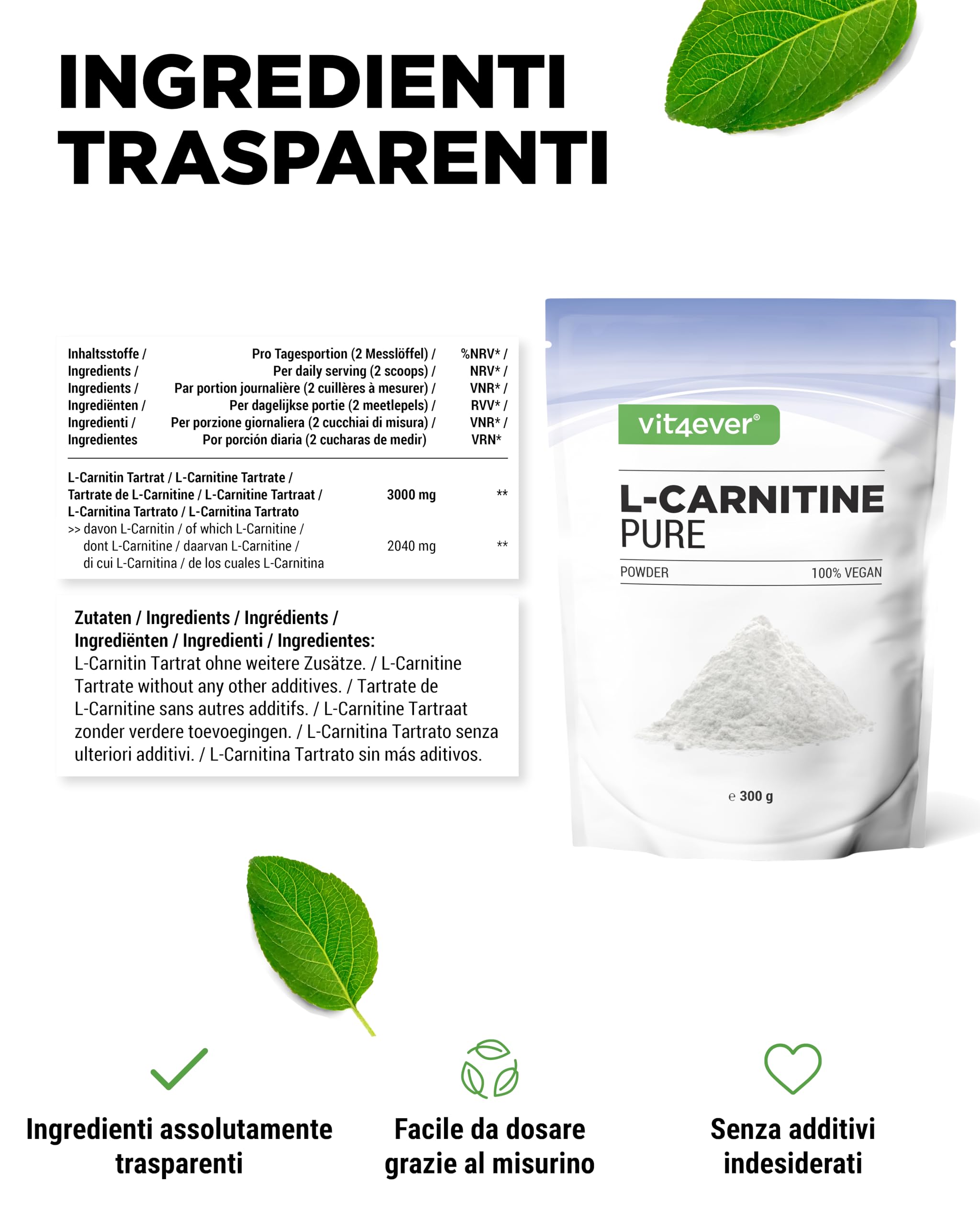 L-Carnitine Pure - 300 g di polvere pura senza additivi - 100% L-Carnitina Tartrato - 100 porzioni con 3000 mg di Carnitina in polvere - Vegan - Alto dosaggio