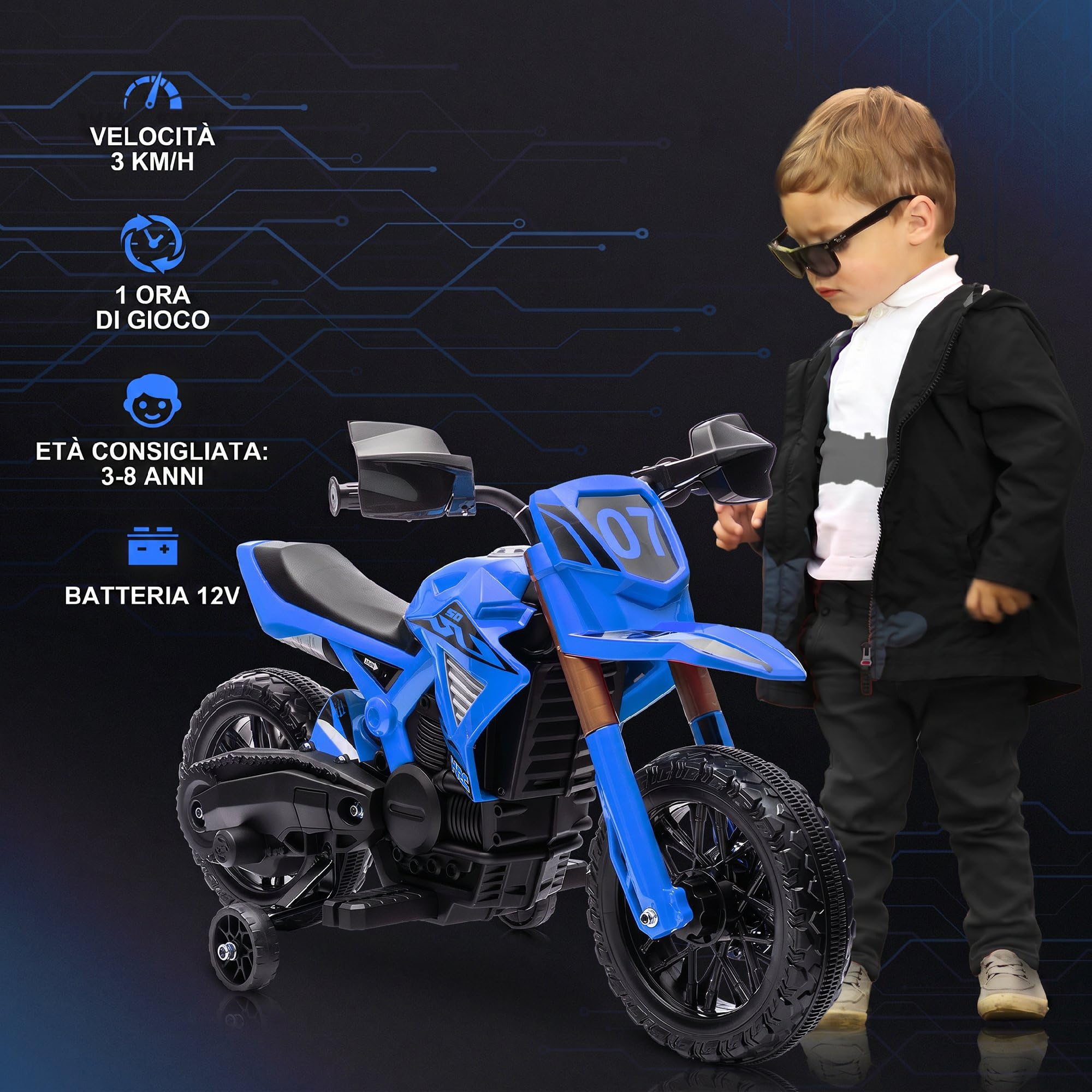 AIYAPLAY Moto Elettrica per Bambini 3-8 Anni con 12V Doppi Motori Blu