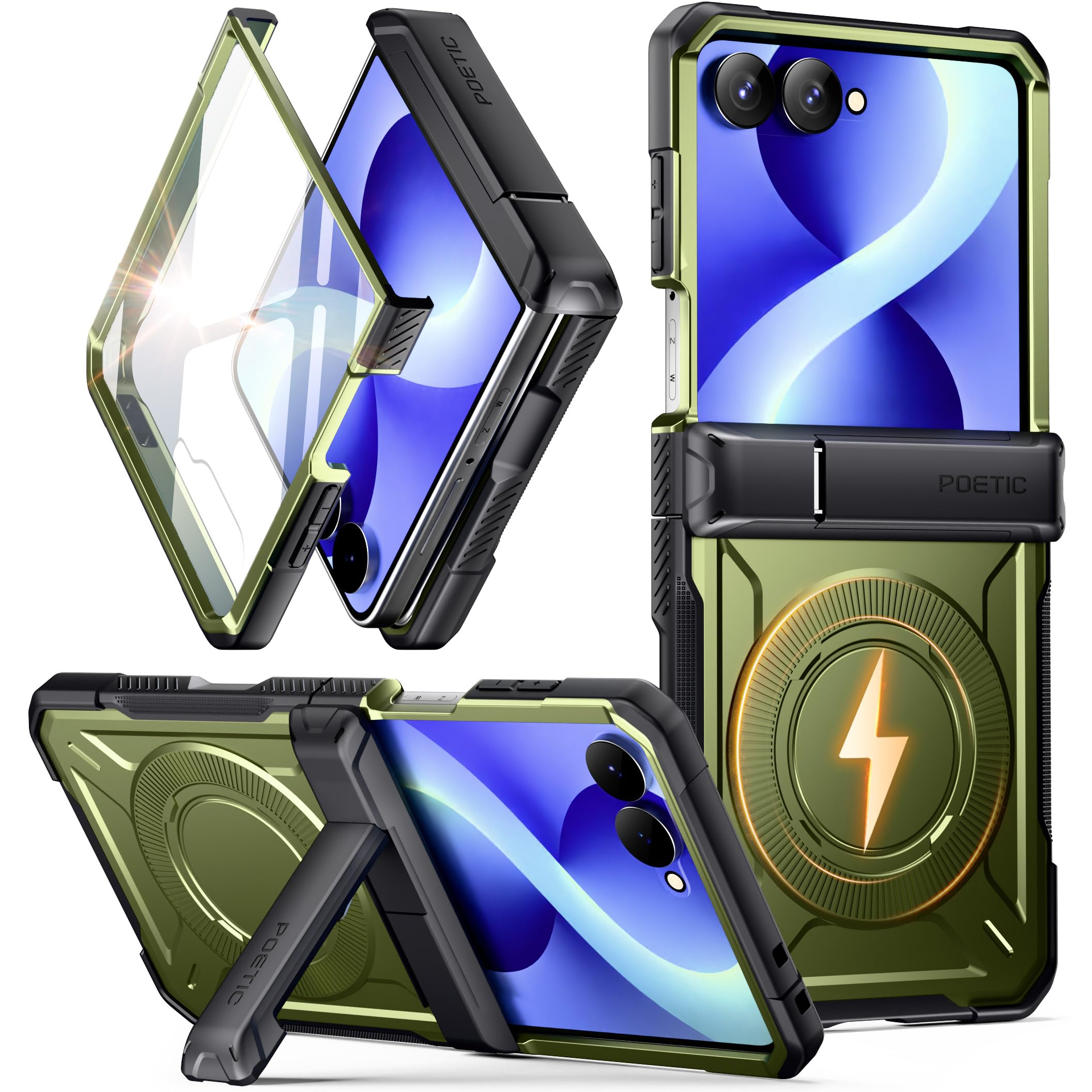 Poetic Spartan - Custodia protettiva per Samsung Galaxy Z Flip 8, con cerniera, compatibile con MagSafe, pellicola protettiva in vetro temperato, robusta, antiurto, con cavalletto, colore: verde