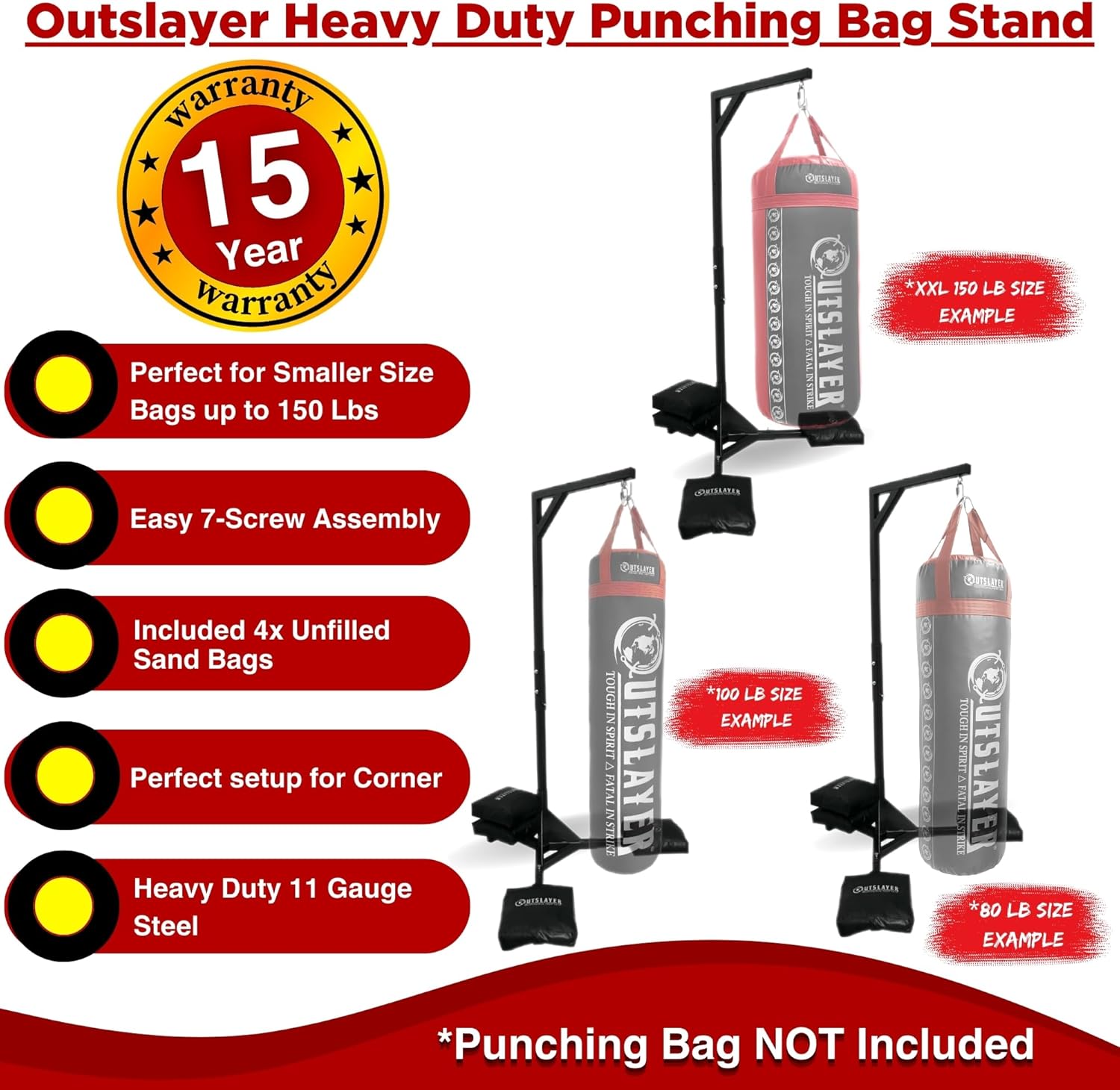 Outslayer Heavy Duty Punching Bag Stand - 7.8ft / 6.8ft Heavy Bags up to 350lbs - Made in USA - Filled or Unfilled Sandbags - Easy Assembly