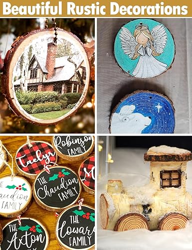 Miniatura 4 de wohohoho 32 piezas de 3.6-4 pulgadas de rebanadas de madera natural, kit de madera para manualidades sin terminar, preperforado con agujero,