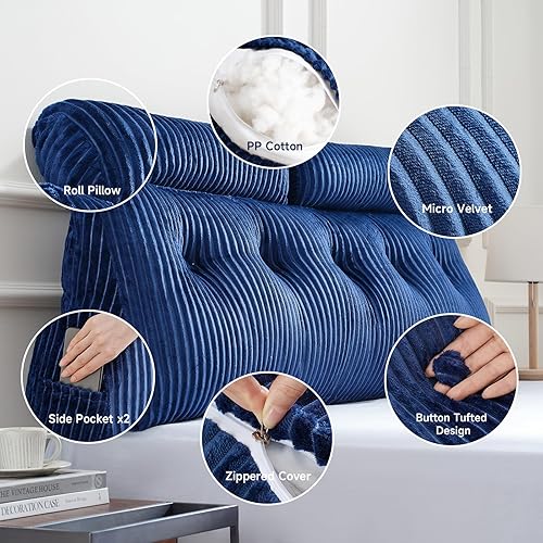 Miniatura 3 de Z-hom Almohada de cuña Queen con 2 cojines de rollo, almohada de lectura grande para sentarse en la cama, cojín de respaldo triangular para Azul
