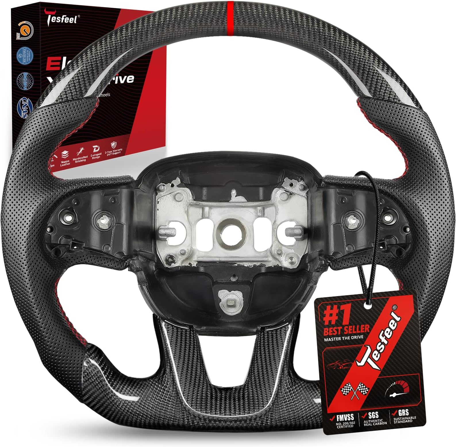 Steering Wheel for Dodge Charger for Dodge Challenger 2015-2024, 3K Real Carbon Fiber Steering Wheel D-shaped Flat-bottom Preforated Leather Grip (SXT/GT/RT/SRT/For Hellcat)