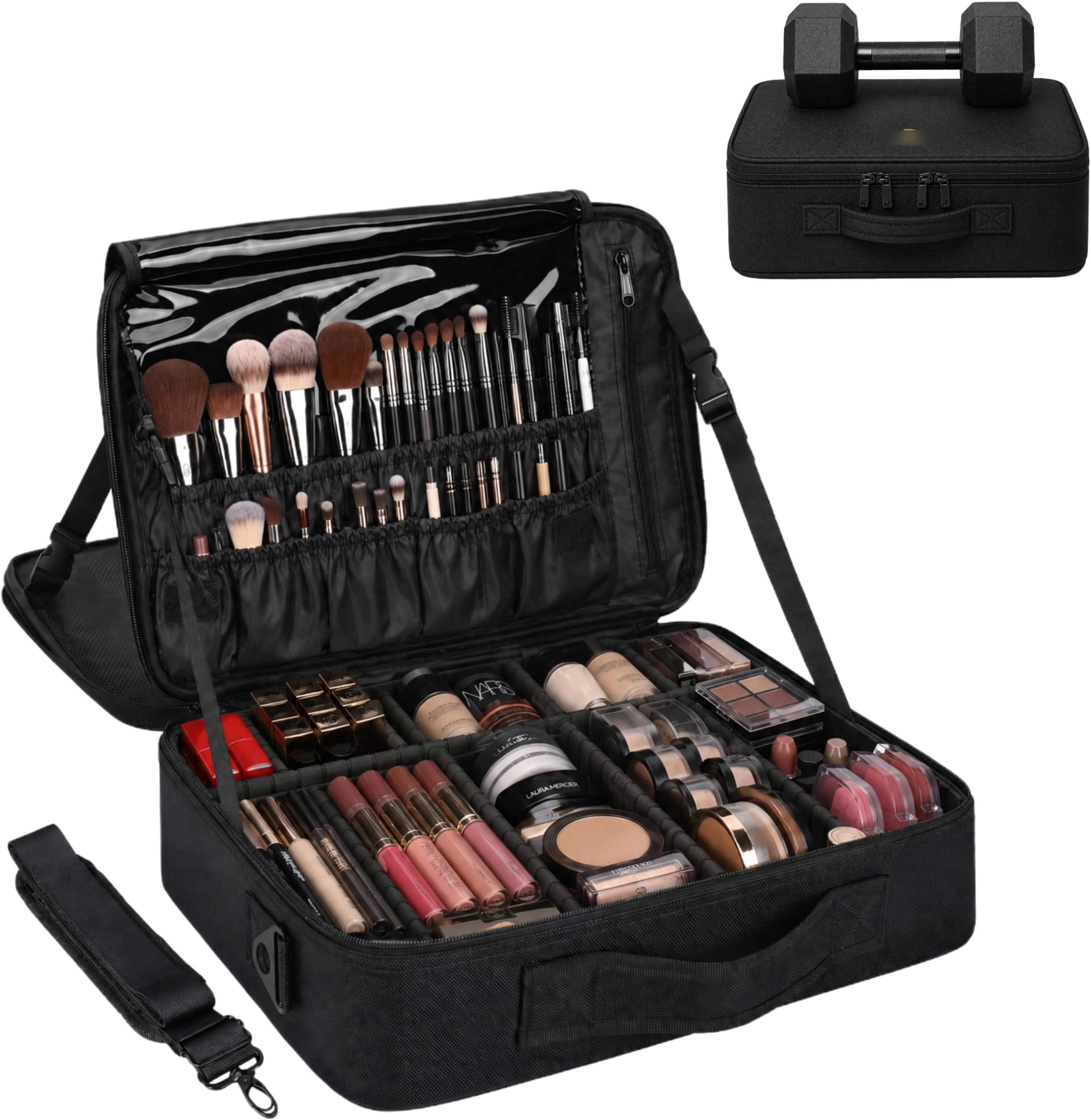 MONSTINA Large Makeup Case, 3 Layers Makeup Bag Cosmetic Organizer Brush Bag Barber Train Case Makeup Artist Box for Hair Curler Hair Straightener Brush Set and Cosmetics