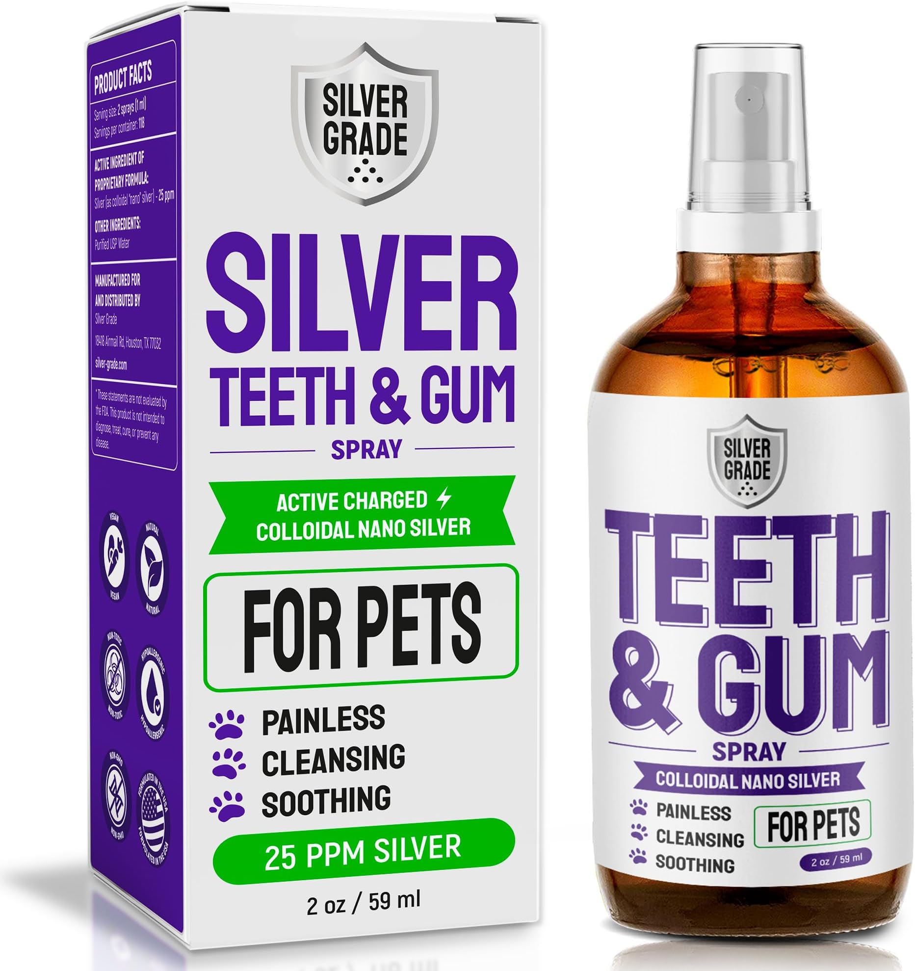 SILVER GRADE Teeth & Gum Spray for Pets – Dental Formula for Dog Mouth Rinse & Cat Mouth Care – Dog Fresh Breath, Clean Teeth, No Pain Or Burning – Plaque and Tartar Remover (4 Oz)
