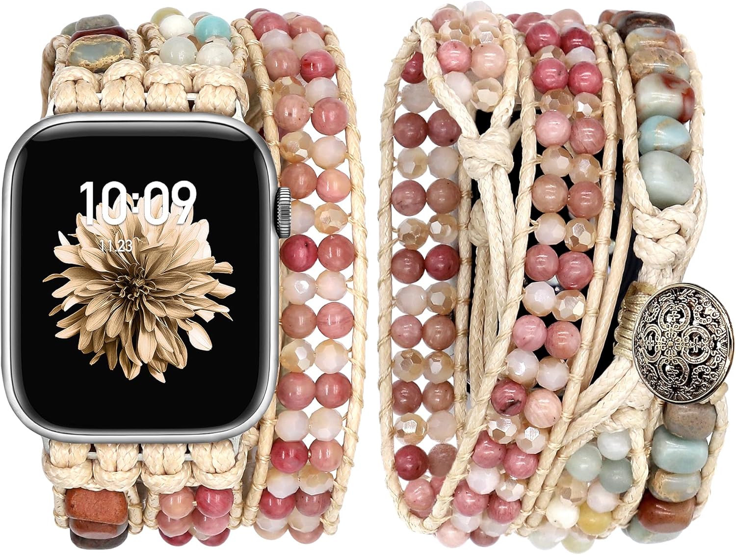 JR.DM Boho Beaded Band Women Compatible with Apple Watch 42mm(S3/2/1) 44mm 45mm 46mm 49mm Pink Bracelet Khaki Natural Stone Adjustable Braided Strap for iWatch Series 11/10/9/8/7/6/5/4/SE 3/2/1/Ultra