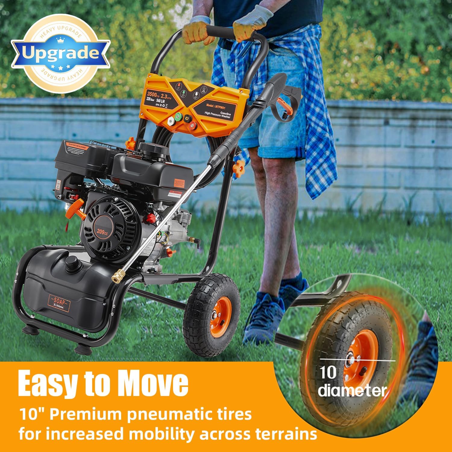 Gas Pressure Washer 3500PSI, 2.3GPM Gas Powered Pressure Washer with Detergent Tank, 4 Quick-Connect Nozzles, Axial Pump, 25FT Hose, Heavy-Duty 209CC Gasoline Power Washer for Car Driveway