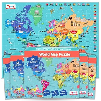 CocoMoco Kids World Map Puzzle for 3 to 6 Year Old Boys and Girls, 56 Pieces, Learning and Educational Gift, Return Gift for Kids (Pack of 5)