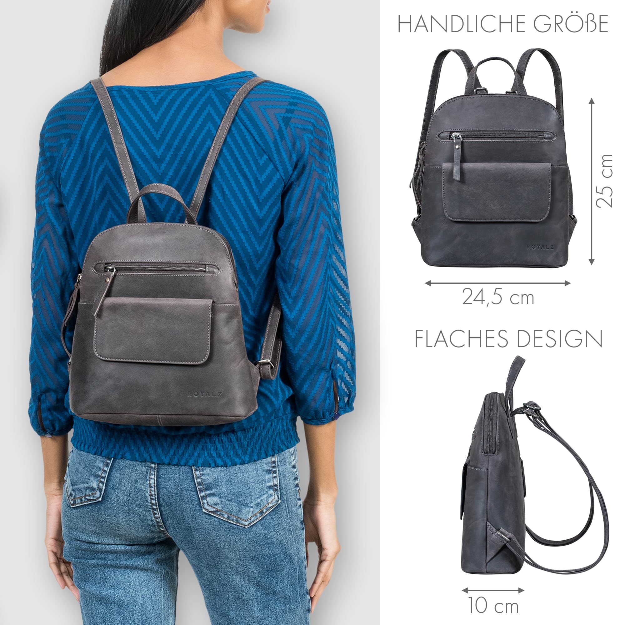 ROYALZ "Providence Echtleder Rucksack Damen klein elegant - Rucksackhandtaschen Leder für Frauen - Moderner Mini Lederrucksack im Vintage Look Cityrucksack;Farbe:Navy Grau