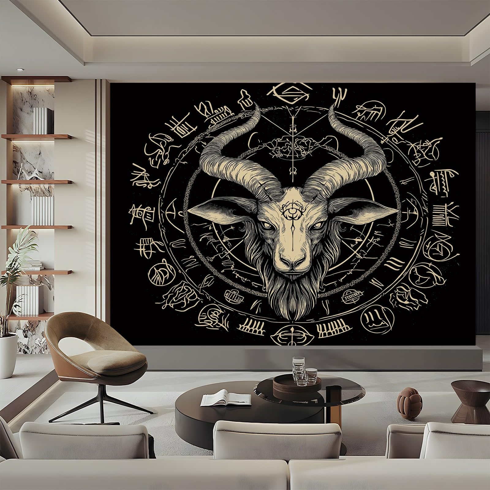 Tapeta gotycka głowa owcy symbol złota czarna 200 cm x 140 cm (szer. x wys.), fototapeta mural sypialnia pokrycie ścienne do salonu sztuka fototapeta do salonu dorośli sypialnia przedpokój kuchnia