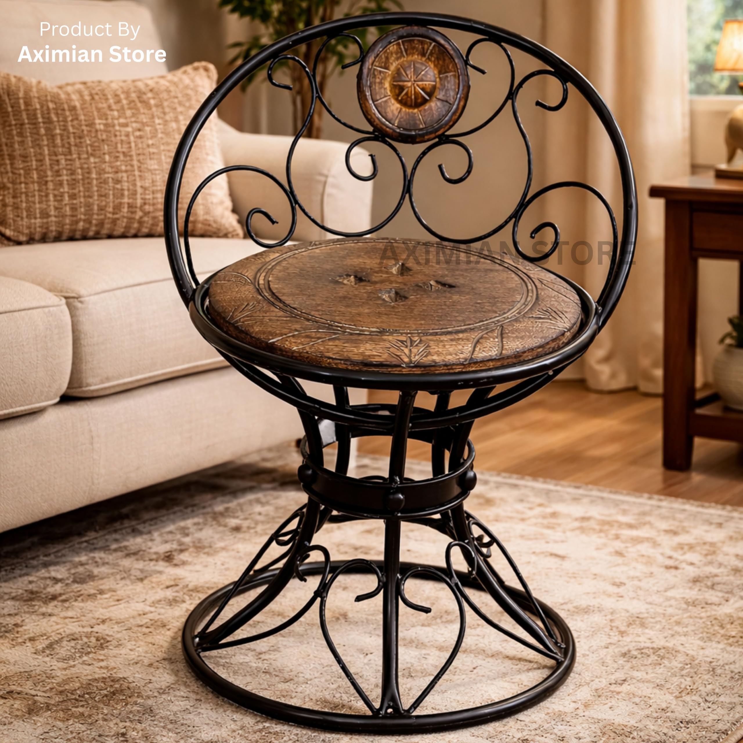 Handcrafted Metal & Wooden Chair with Backrest | Vintage Iron Stool Chair for Living Room, Balcony, Cafe & Home Décor | Decorative Accent Chair-image-27