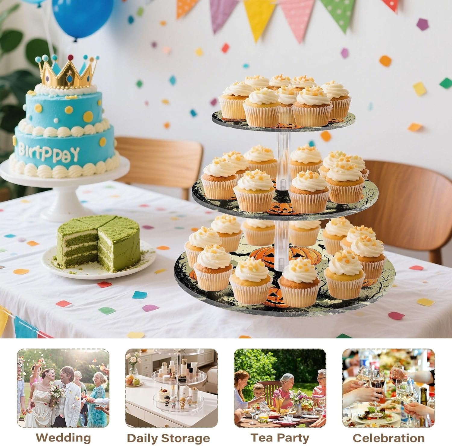 Pumpkin Candle Bats Moon Halloween 3 Tier Acrylic Cupcake Stand, Cupcake Stand for 34 Cupcakes for Weddings, Christmas,Holidays,Parties,Birthday,Printed Cupcake Tower 23301055