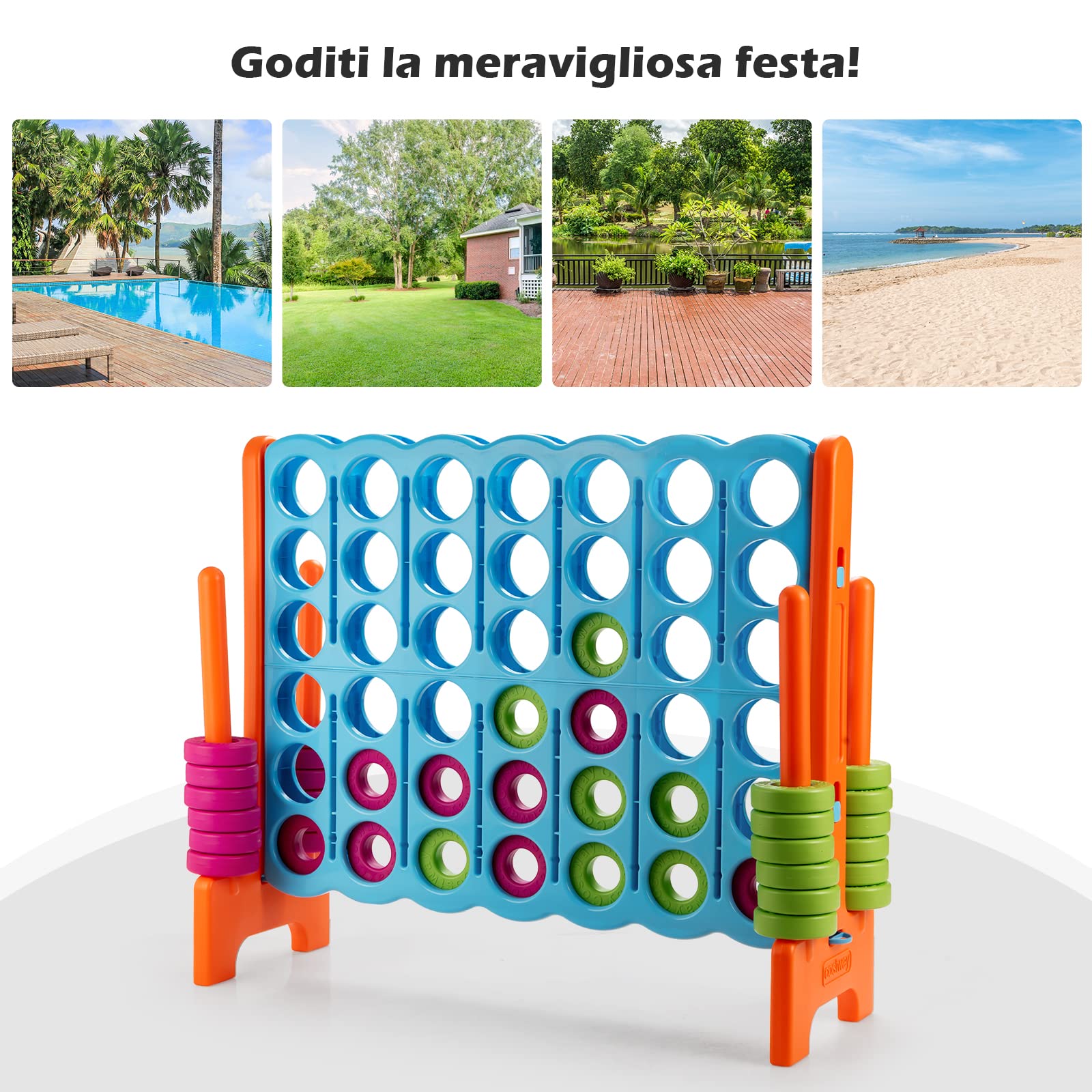 COSTWAY Forza 4 Gigante per Bambini e Adulti, da Interno ed Esterno | Set di Forza 4 in PE e PP con 42 Anelli per Feste e Vacanze, 120 x 42 x 104 cm, Azzurro+Arancione