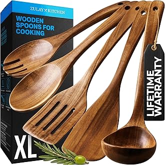 Zulay Kitchen Extra-Large 5-Piece Wooden Spoon Set - Smooth Teak Cooking Utensils - Comfort-Grip Non-Stick Turner, Spatula, Skimmer, Fork, Serving Spoon