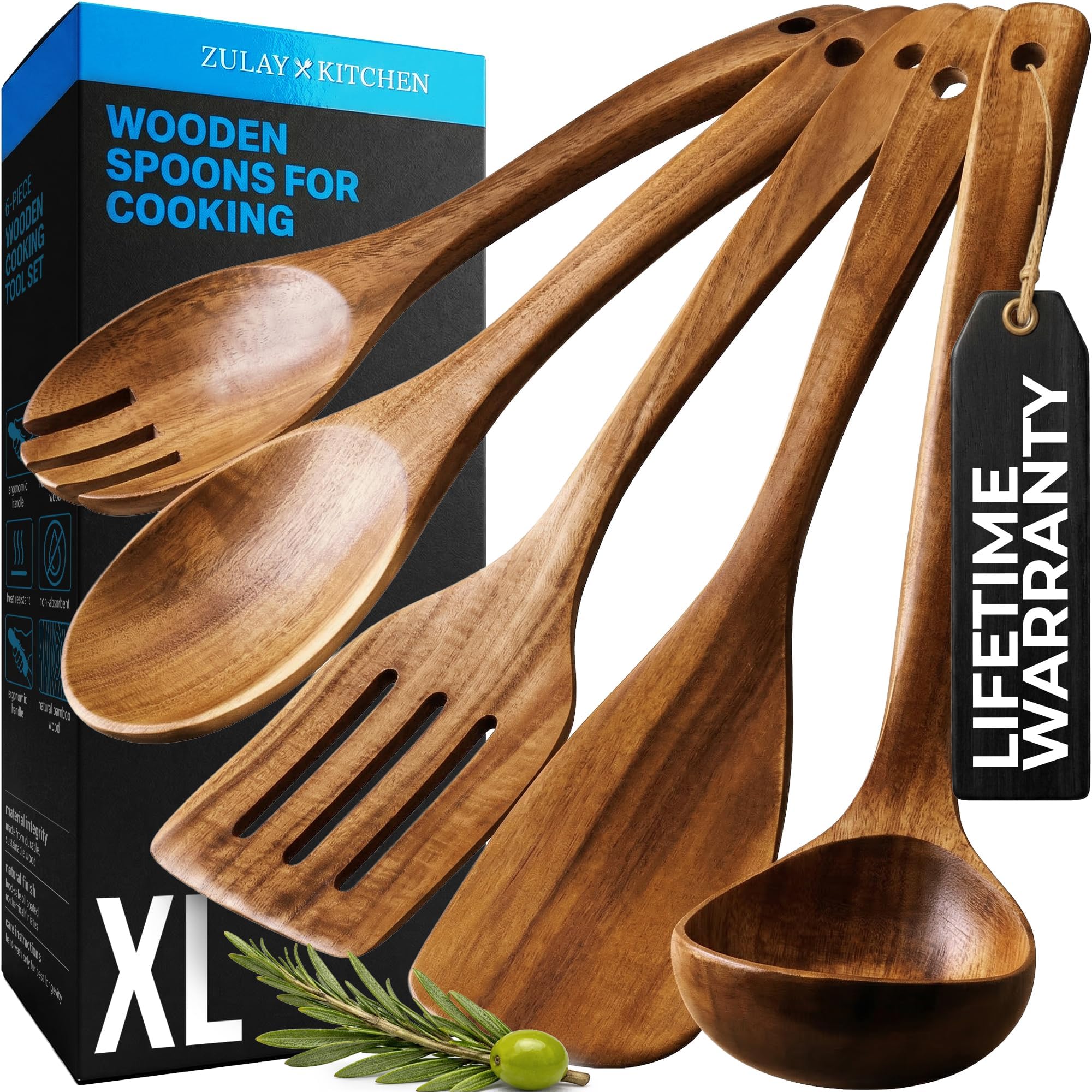 Zulay Kitchen Extra-Large 5-Piece Wooden Spoon Set - Smooth Teak Cooking Utensils - Comfort-Grip Non-Stick Turner, Spatula, Skimmer, Fork, Serving Spoon
