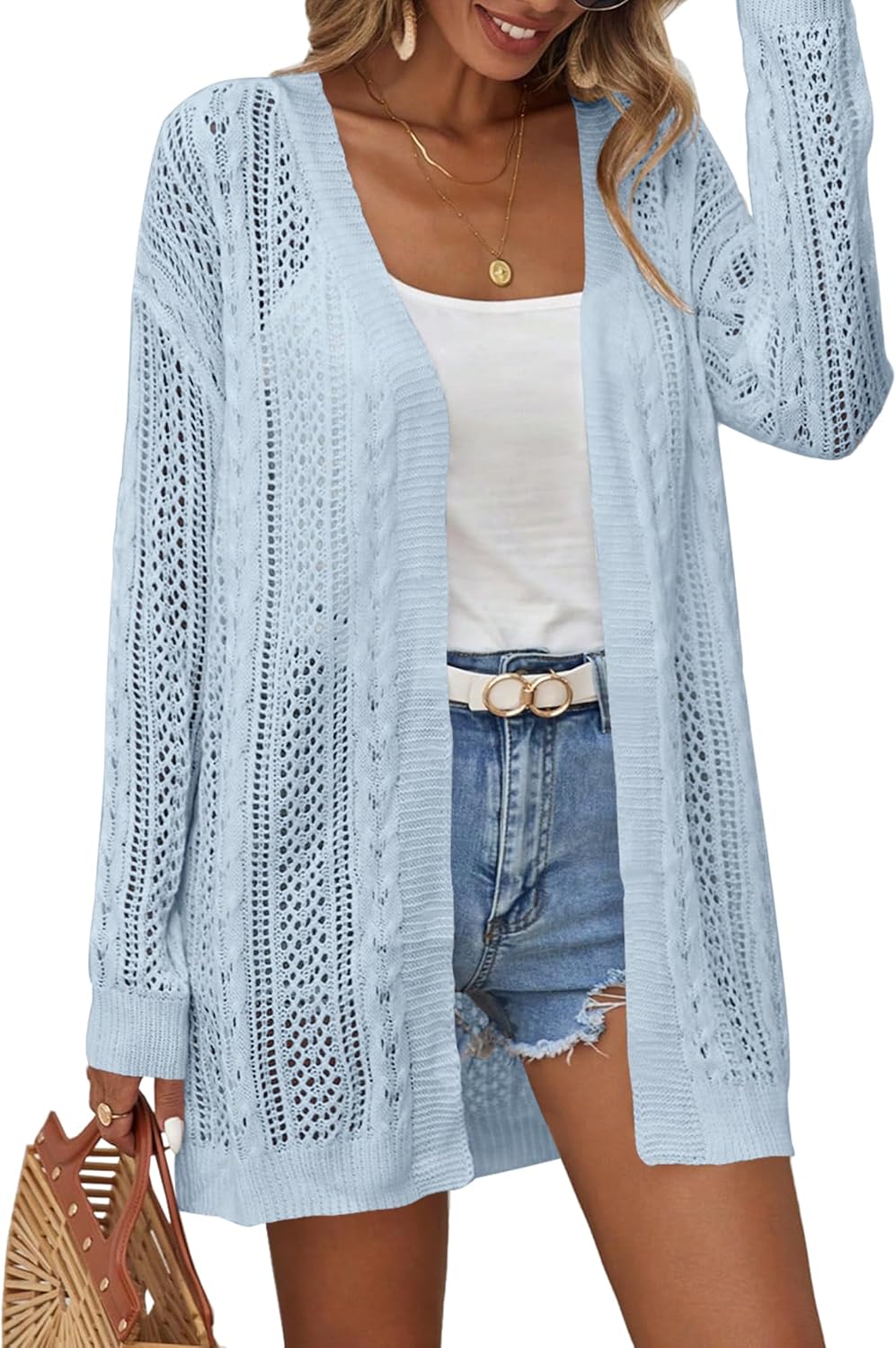 Womens Crochet Lightweight Cardigans Long Sleeve Open Front Kimonos Boho Summer Cardigan Sweater Cover Up Blue - Image 6