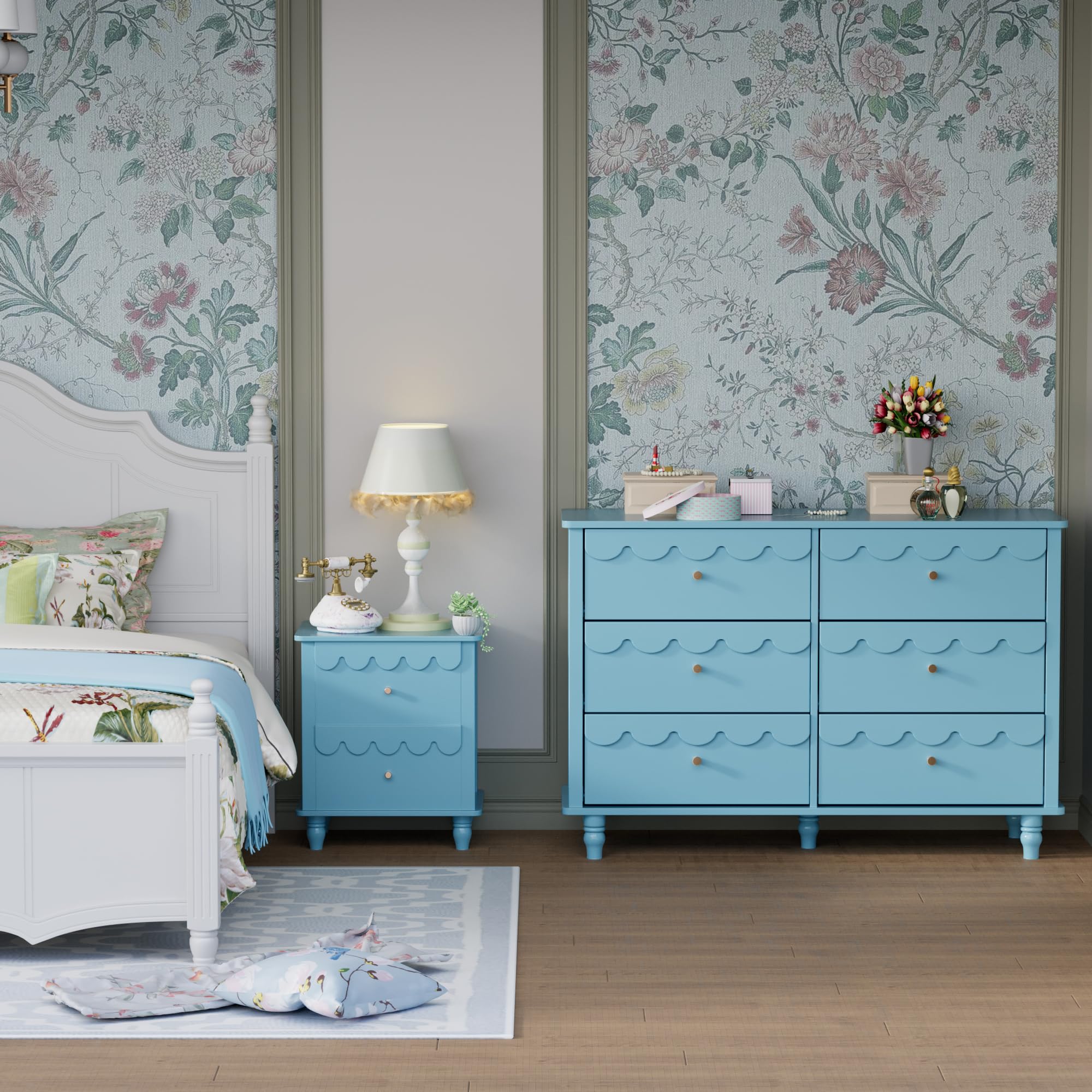 Amazon.com: Anbuy Bedroom Sets 3 PCS Scalloped 6 Drawer Dresser and Night  Stand Sets for Bedroom, Two Drawers Nightstand Set of 2 & 6 Drawer Dresser  Combo 3 Pieces (Blue) : Home & Kitchen