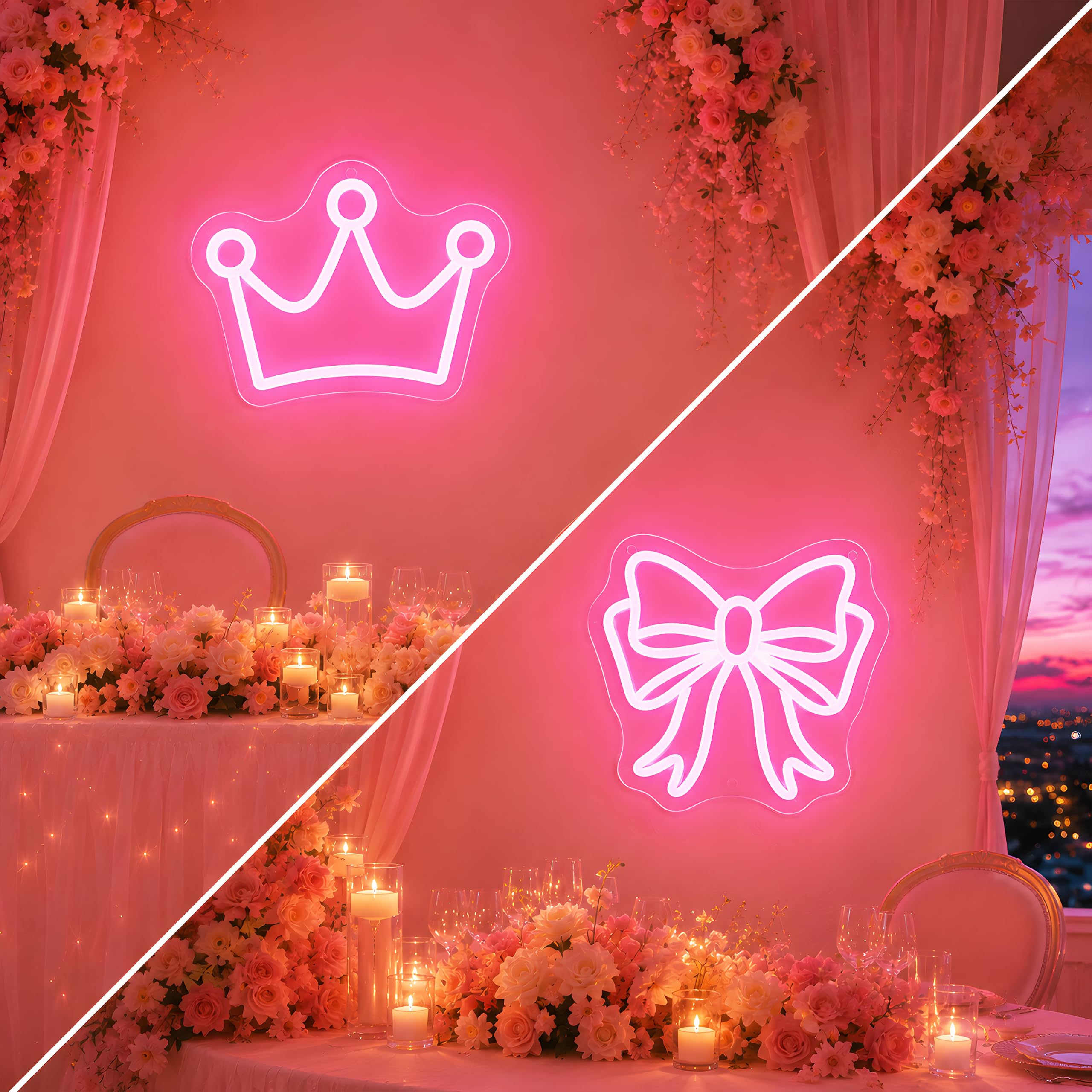 Confezione da 2 insegne al neon a forma di fiocco e corona, luce LED rosa per decorazione della camera da letto, alimentata tramite USB, dimmerabile, luce al neon per sala di bellezza, dormitorio