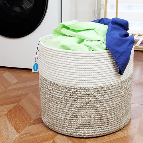 Miniatura 5 de Casaphoria Cestas grandes de almacenamiento de cuerda de algodón con asas para organizar, cestas tejidas redondas para almohadas de manta, cuerda de