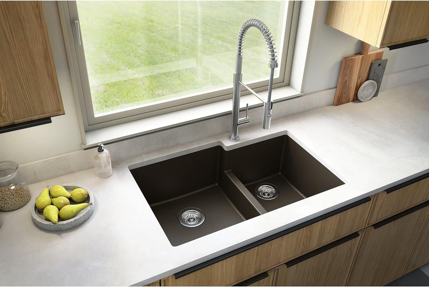 Karran QU-811 32" Undermount Large/Small 60/40 Quartz Composite Kitchen Sink in Concrete, Low Divider, Rear Drain, 80% Natural Quartz, 535°F Heat Resistant, Sound Dampening