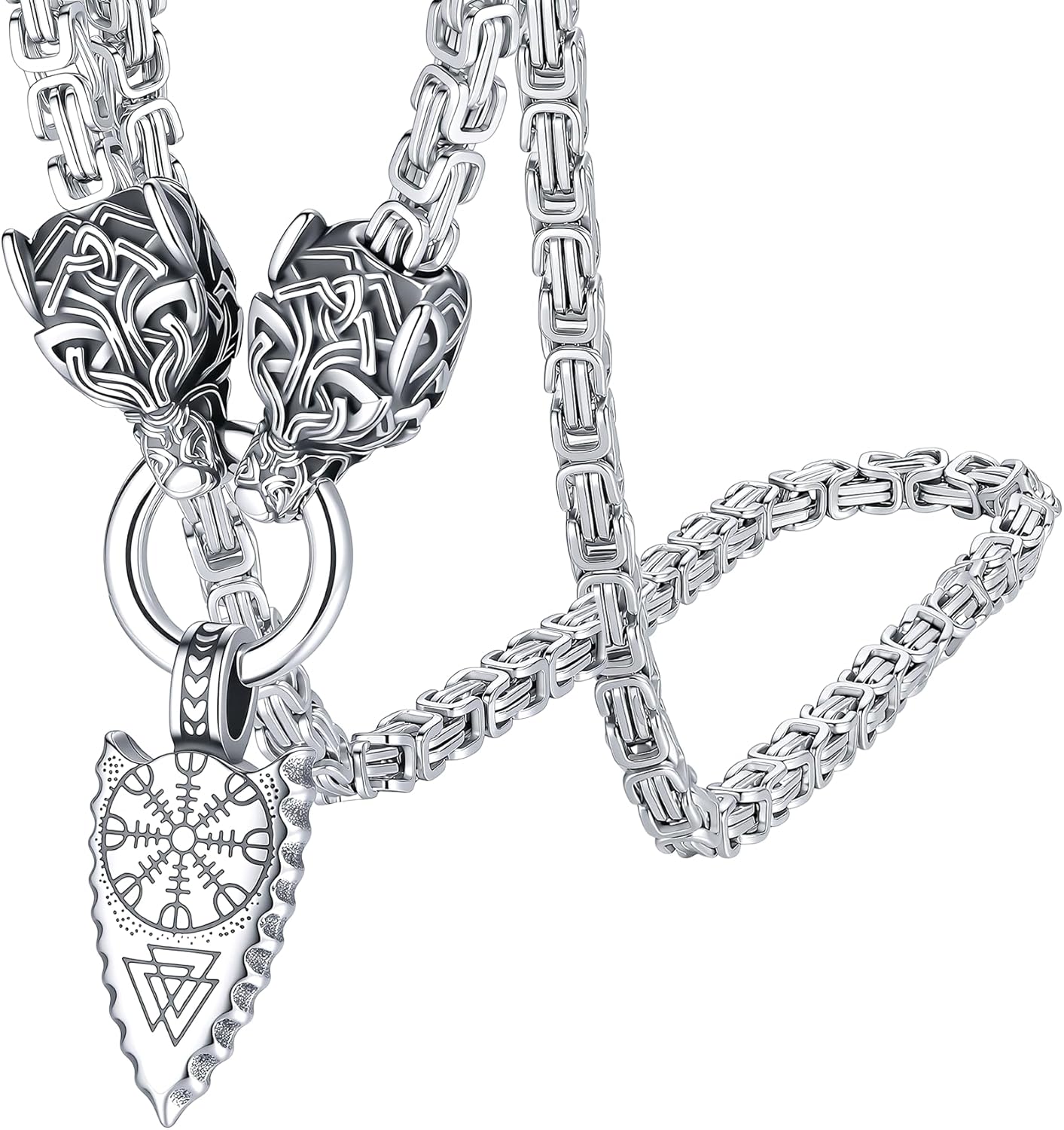 ROWIN&CO Viking Necklace for Men, Stainless Steel Nordic Runes Wolf Head Spearhead & Trinity Knot Pendant with Byzantine Chain Amulet, Norse Mythology Pagan Gothic Biker Jewelry Gift
