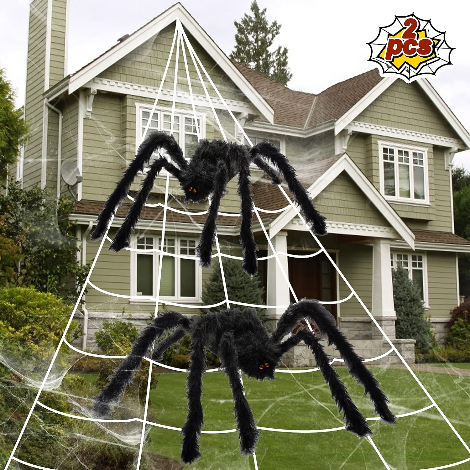 HOOJO 16 FT Halloween Spider Decorations Triangle Web with 2.5 FT Giant Spider 2 pcs, 20 pcs Small Spider for Outdoor, Indoor, Porch Decor, Tree, Lawn, Yard, Halloween Party