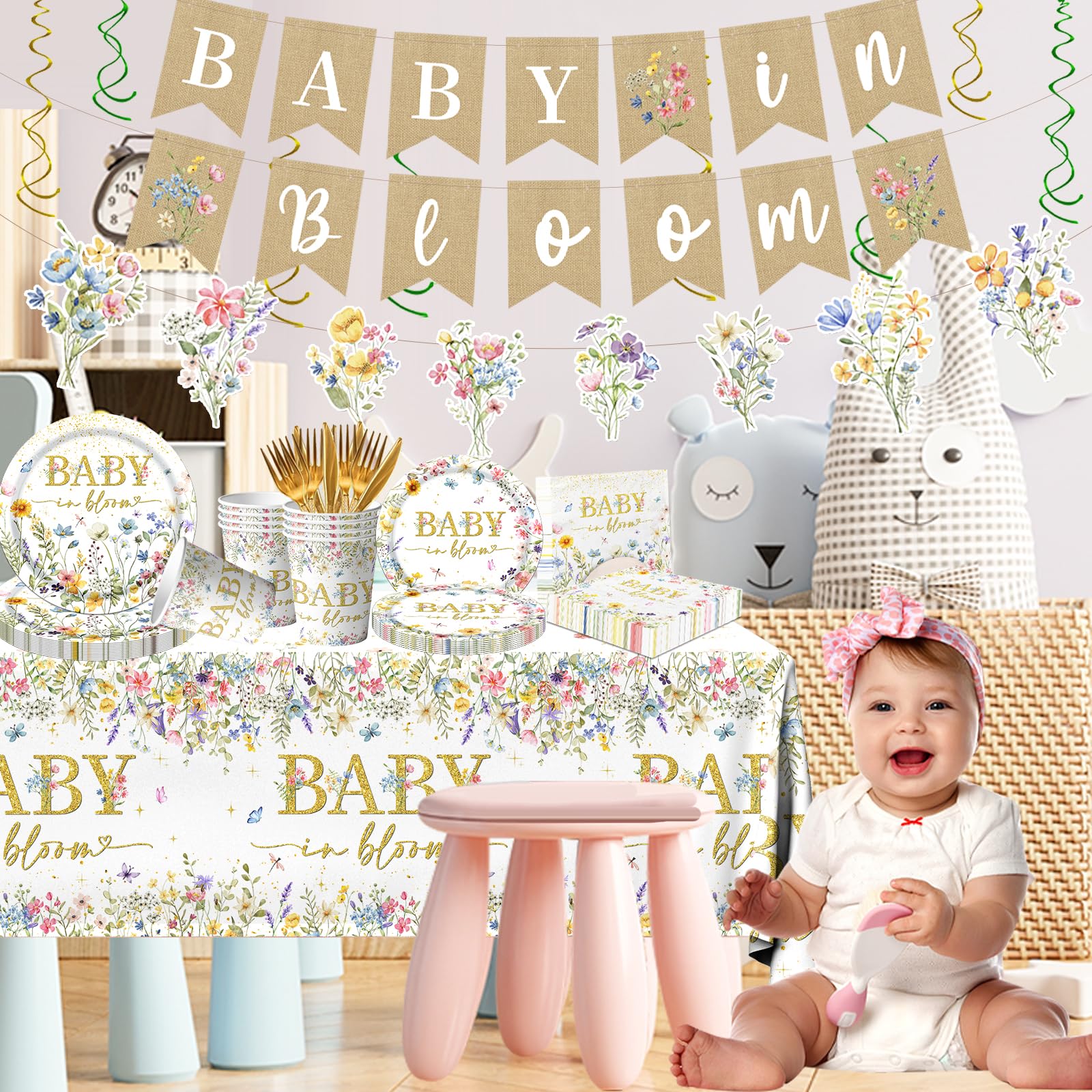 178 piezas de decoraciones para baby shower con diseño de flores silvestres, platos y servilletas de papel para niñas, vajilla floral para baby shower, sirve 24