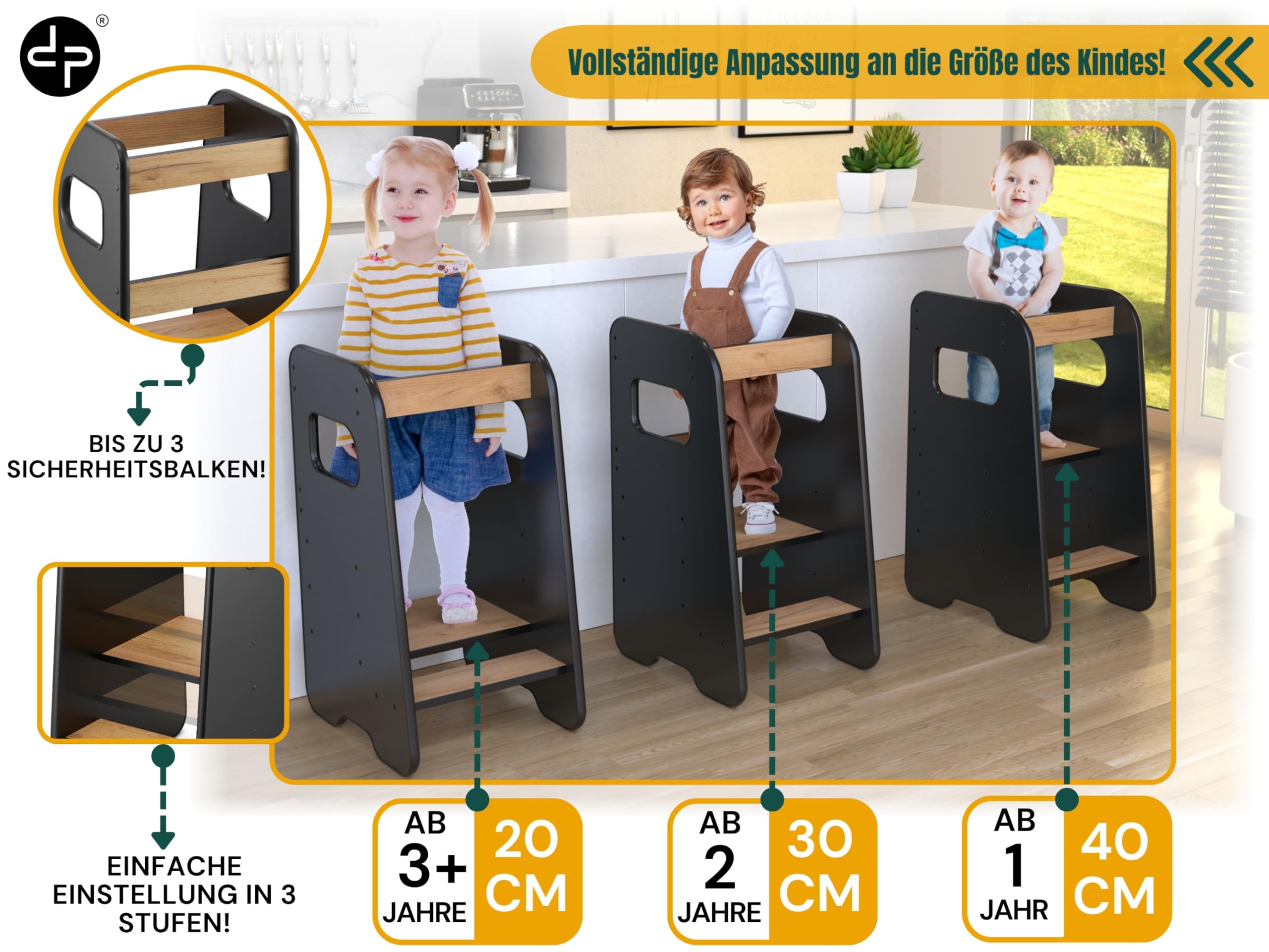defiPad Lernturm ab 1 Jahr Höhenverstellbar, Montessori Learning Tower für Kinder Schwarz/Eiche, Küchenhelfer mit 3 Stufen und Kippschutz, Hergestellt in der EU