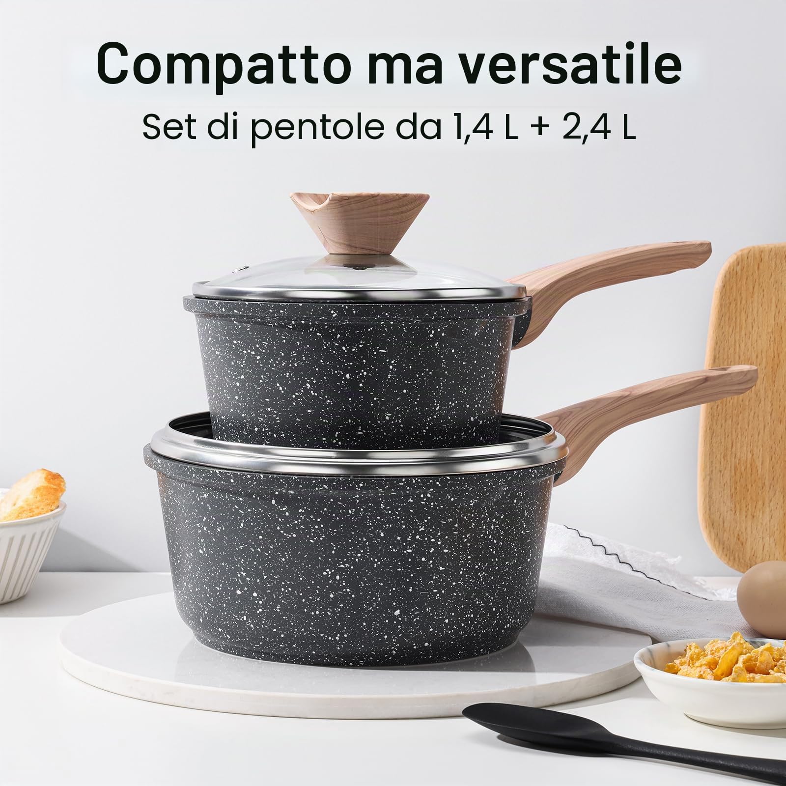 Kordisen Set Casseruole con Coperchio, 16cm+20cm, Pentola Antiaderente in Granito, Beccuccio Versatore, Induzione Multifunzionale, Senza PFOA/PFOS