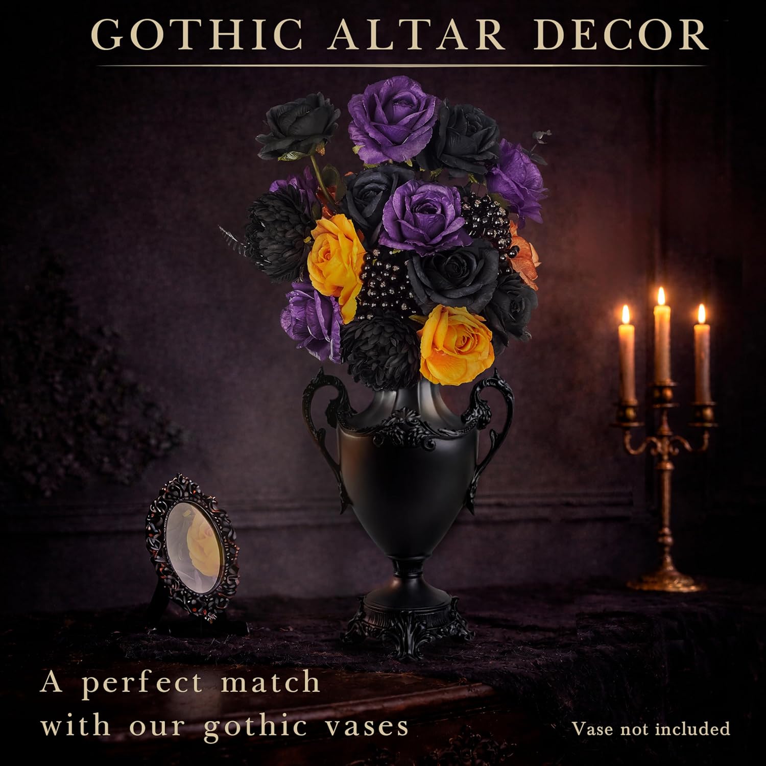 Halloween Gothic Roses Bouquet – Black/Purple/Orange Artificial Silk Flower Arrangement – Goth Home Decor for Vases, Shelves & DIY Dark Floral Table Centerpieces – Spooky Gift for Her