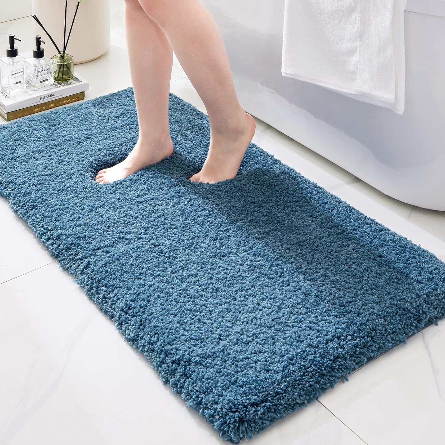 Bathroom Rugs Non Slip Washable 59x24, Ultra Thick Soft Microfiber Absorbent Bath Mats, High Density Foam Latex Non Slip Backing Bath Rugs, Fluffy Floor Carpet for Tub&Shower, Blue