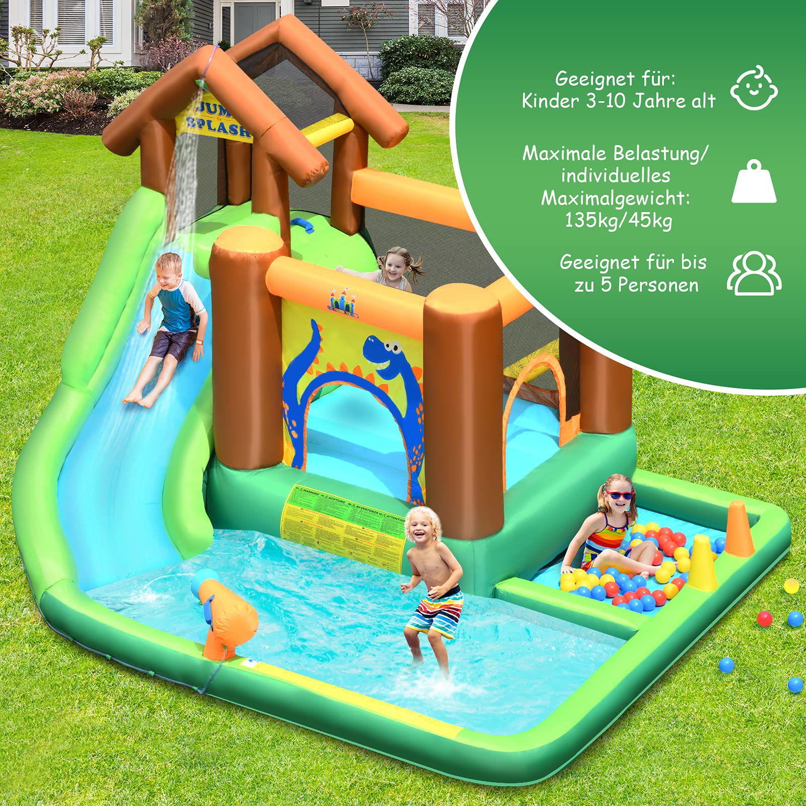 COSTWAY Hüpfburg Wasserrutsche Spielpool Aufblasbare, Wasserspielcenter mit Rutsche, Wasserpark aufblasbar, Planschbecken 368x303x230cm