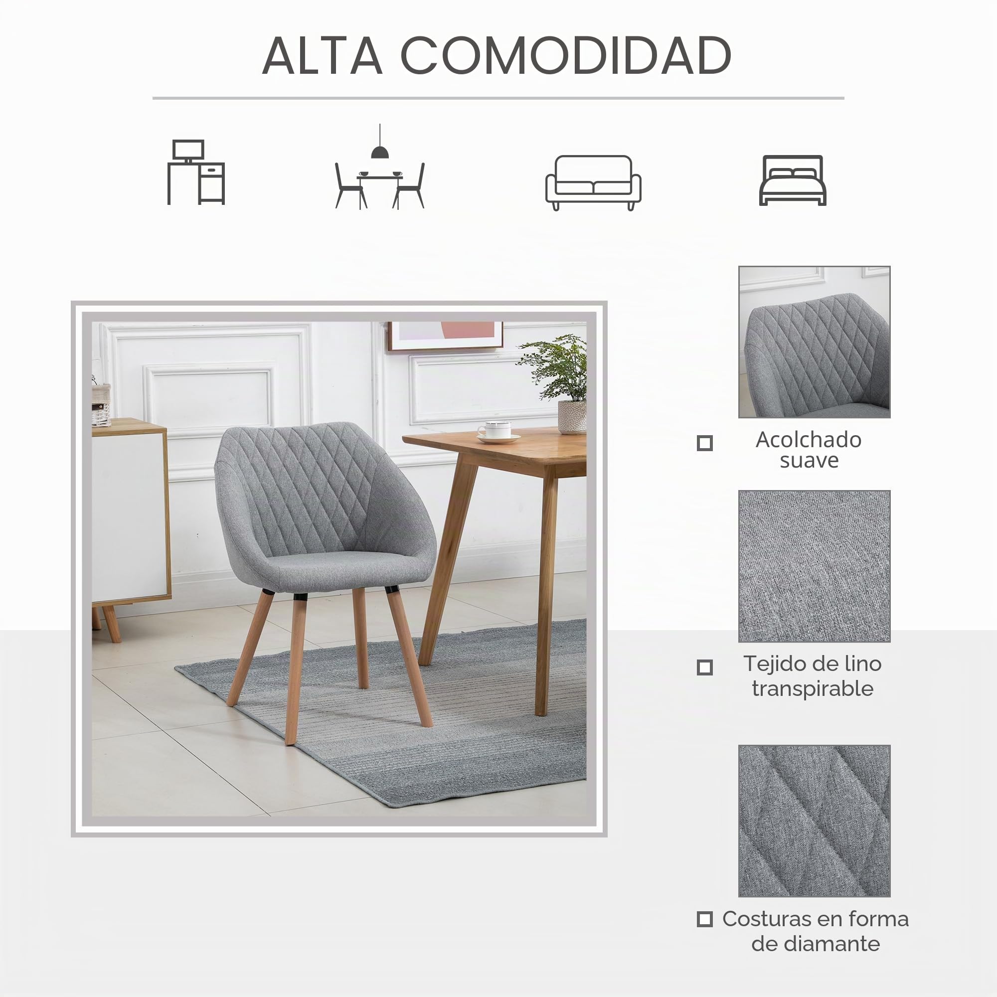 HOMCOM Sillas de Comedor diseño escandinavo Set de 2 Lino Gris | Patas de madera de haya cónicas, asiento/respaldo/brazos ergonómicos.