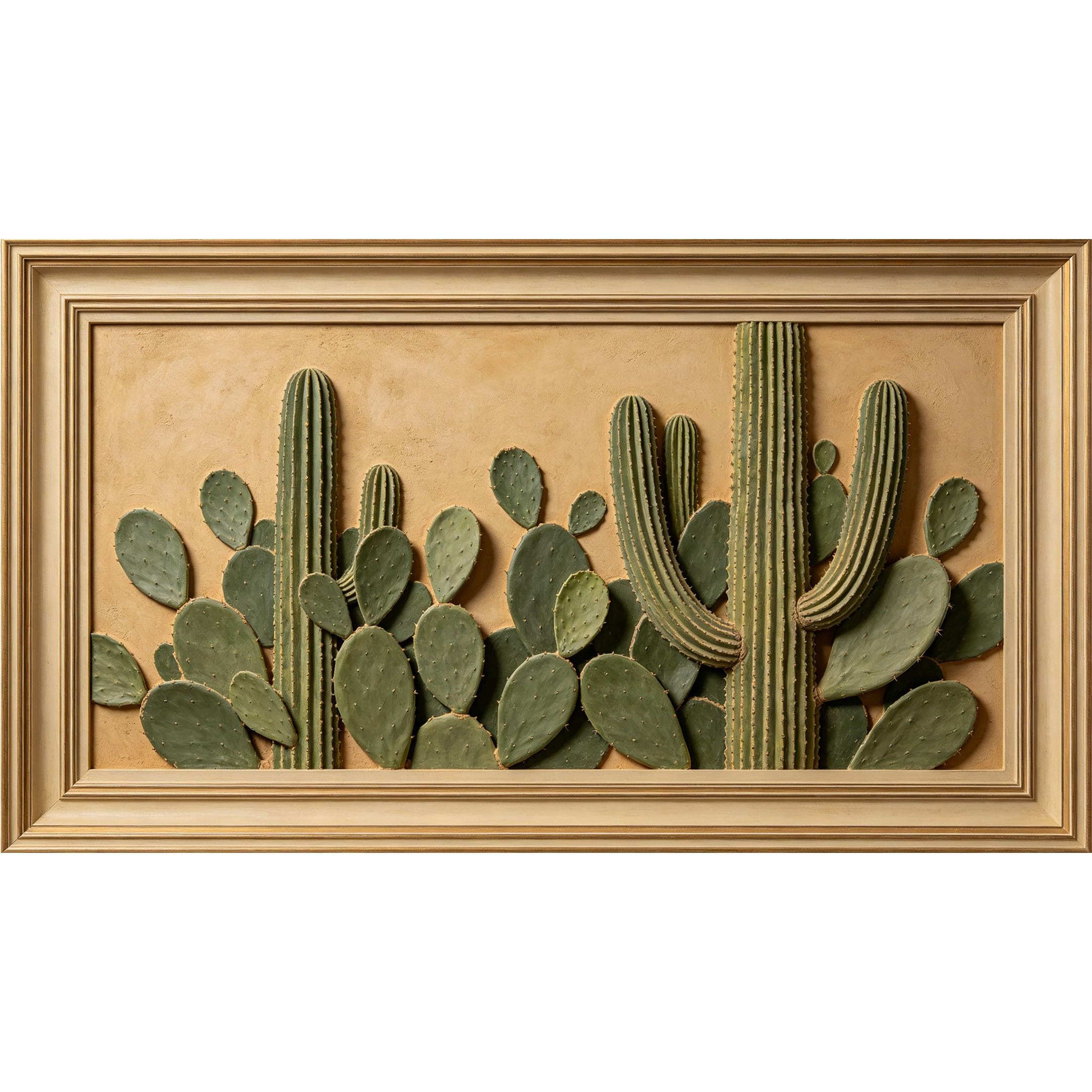 QZLITHOTIC 50×100cm 3D Framed Wall Art， Botanical Cactus Green Succulent Desert Texture Self?Adhesive Mural， Water?Activated Peel & Stick Fabric Decor Wall Decal for Bedroom Living Room