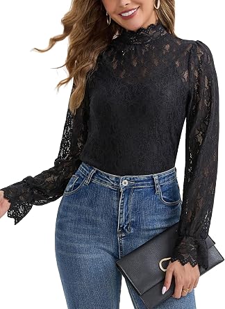 Women's Floral Lace Top Long Sleeve Mock Neck Top Dressy Casual Shirt with Camisole 2 PCS Set