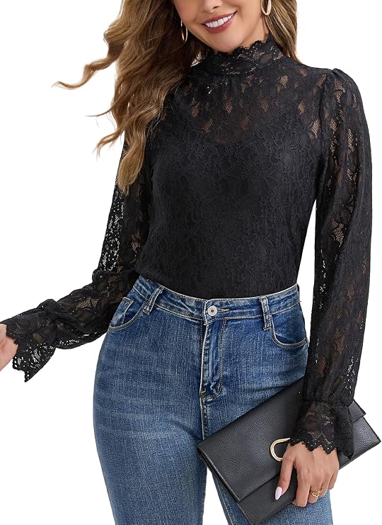 Women's Floral Lace Top Long Sleeve Mock Neck Top Dressy Casual Shirt with Camisole 2 PCS Set