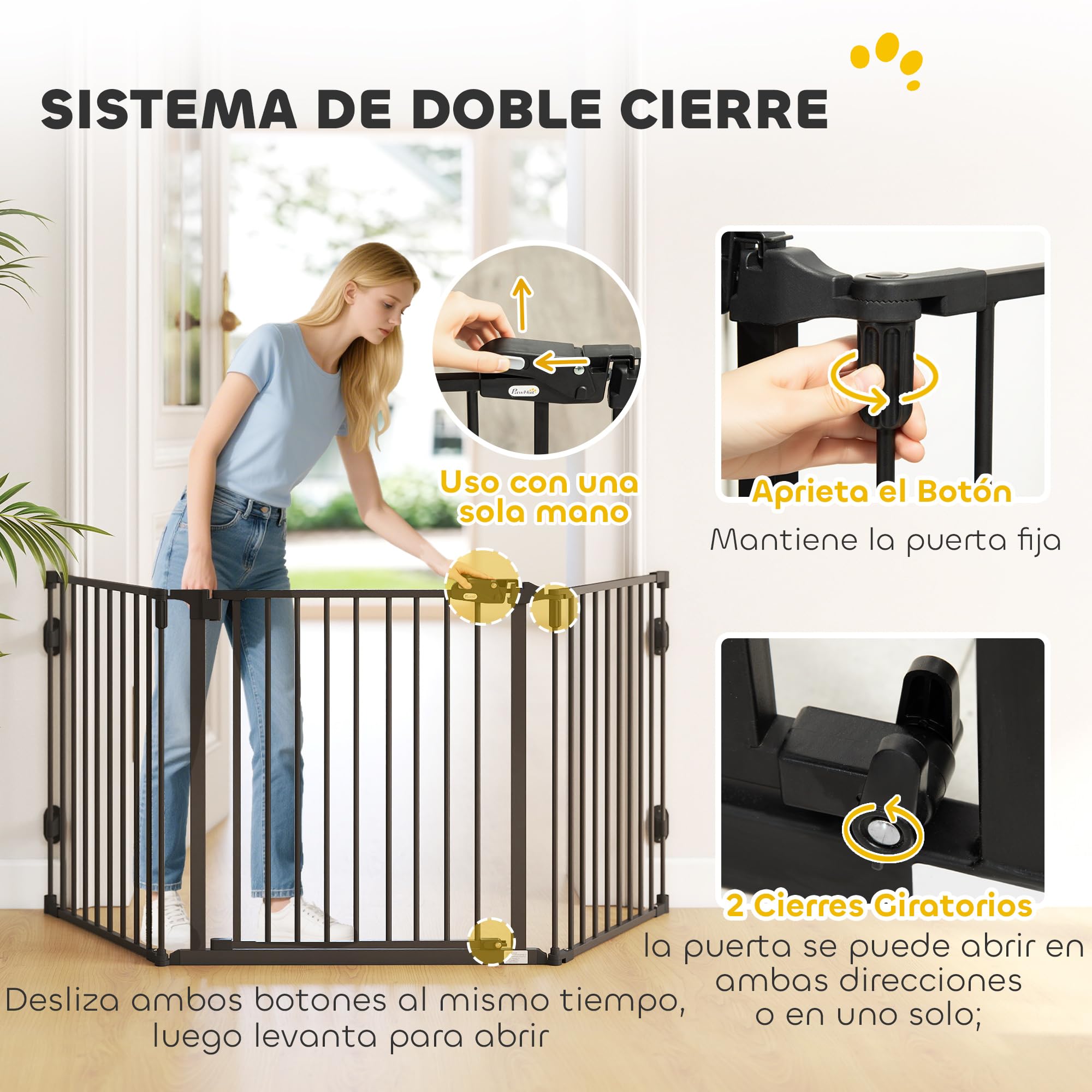 PawHut Barrera de Seguridad para Perros 202,5 cm Valla para Perros Plegable Rejilla de Protección de Chimenea con Puerta Auto Cierre para Escalera Pasillo Negro