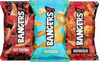 BANGERS! Caffeinated Potato Chips Variety Pack | 6 Bags - Hot Mamba, Paradise, Barbeque | 50mg Caffeine Per Bag | Bold Flavored Energy Chips for Late Nights, Long Shifts, Road Trips & On-the-Go | Real Potato Chips | 2.5 oz Each (Pack of 6, Variety)