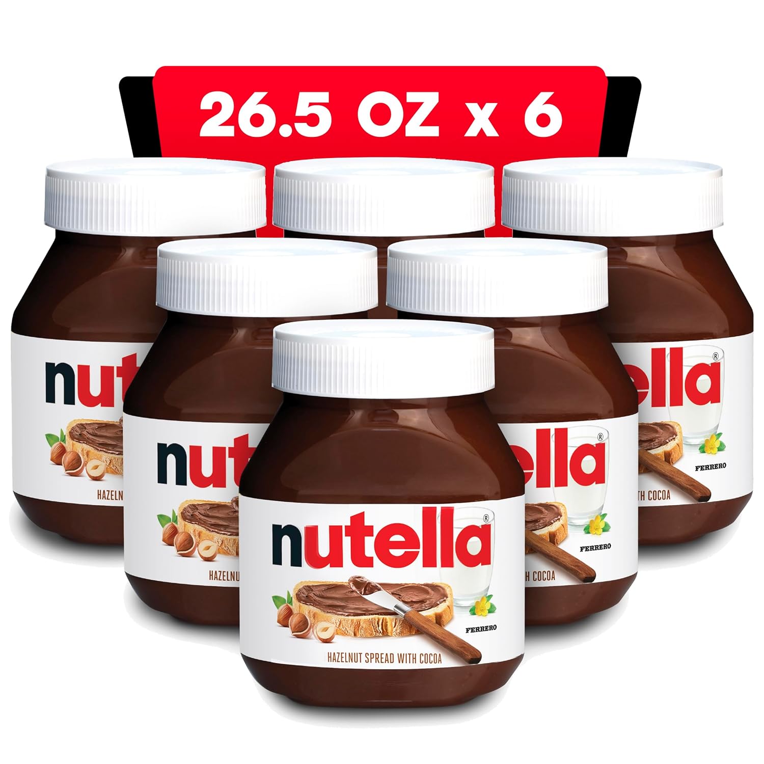 Nutella Hazelnut Spread With Cocoa For Breakfast, Bulk 6 Pack, 26.5 Oz Per Jar