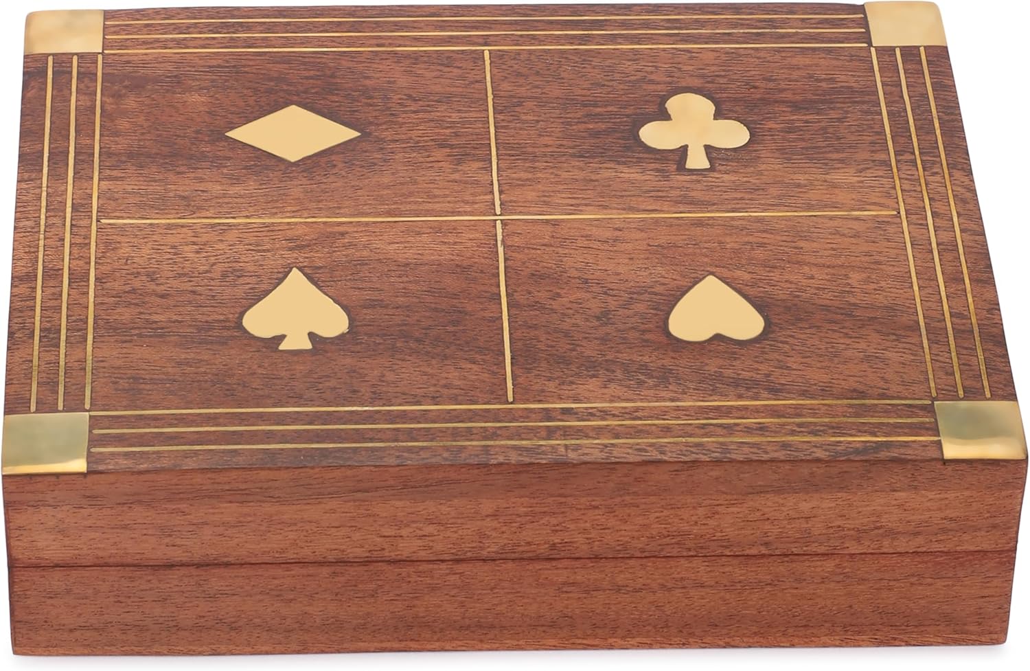 Ajuny Handcrafted Decorative Wooden Double Deck Playing Card Box Holder Storage Case Organizer Brass Inlay With 2 Packs of Playing Cards Anniversary Housewarming Gifts