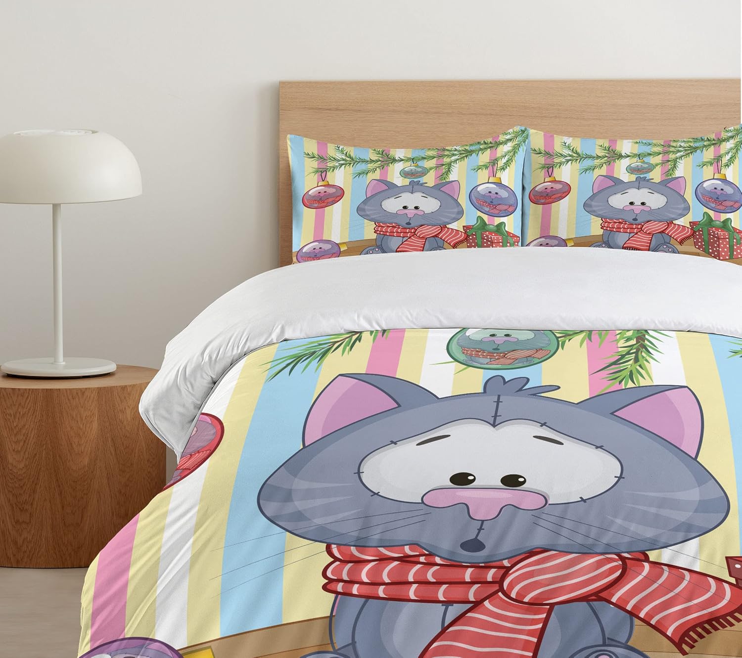 Ambesonne Christmas Duvet Cover Set, Kitten with Scarf Under The Tree with Ball Celebration and Gift Box Cat Themed, Decorative 3 Piece Bedding Set with 2 Pillow Shams, Queen Size, Pink Blue