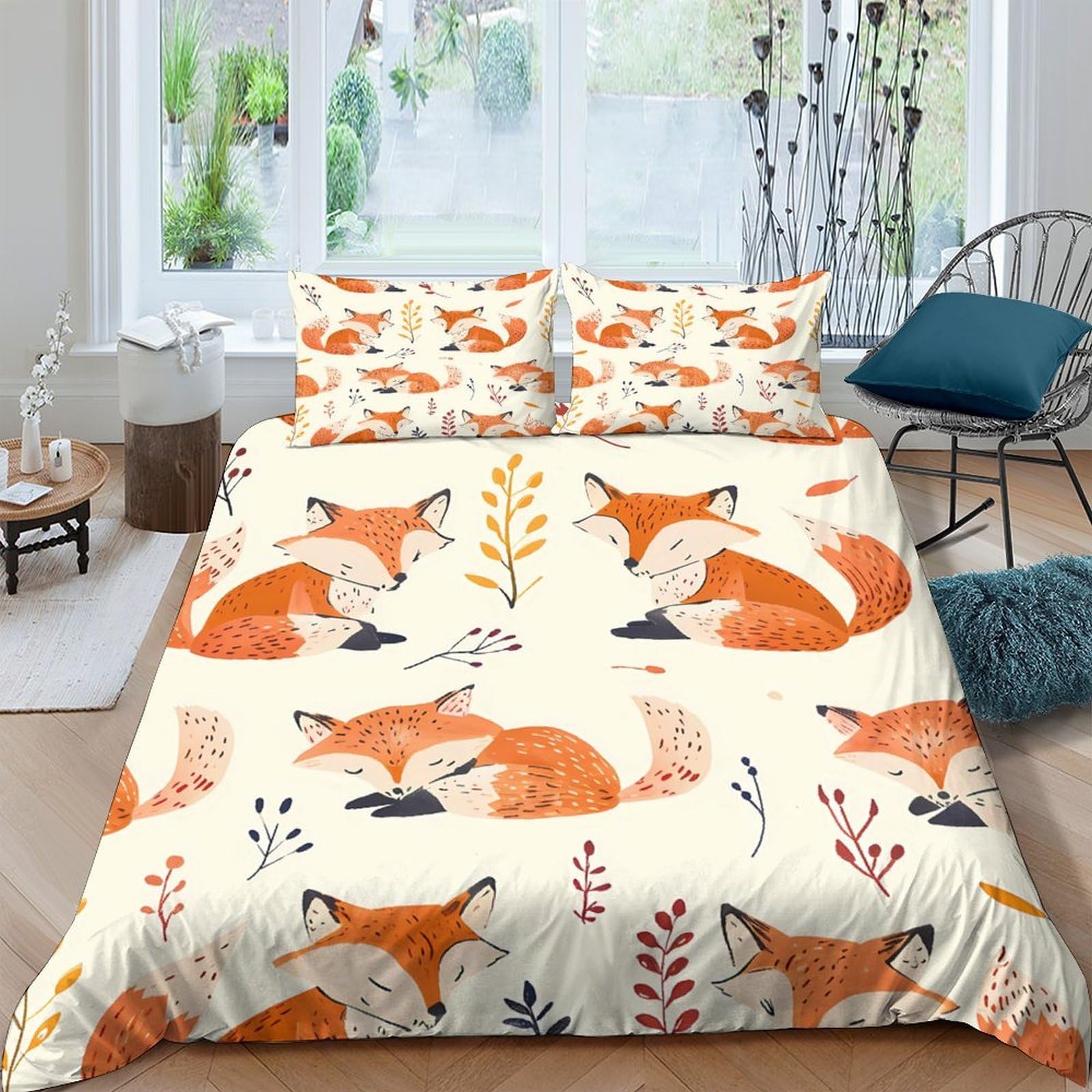 Ctjqhvkz Style-8 3D Printed Fox Forest Fitted Sheet Microfiber Soft Orange Animal Bed Cover For Bedroom Guest Room Decor Easy Care Single（135X200cm）