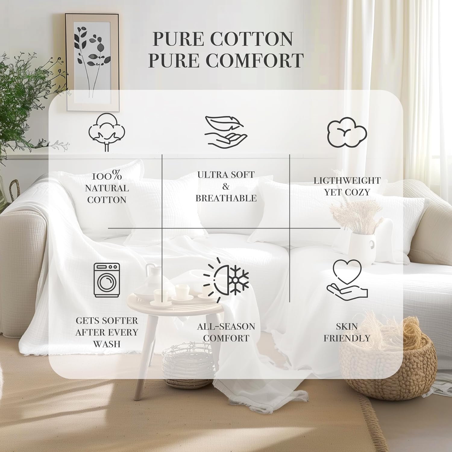 Washable Sofa Cover%100 Natural Cotton, White Couch Covers for Loveseat, Futon, Sofa, Sectional L Shape, U Shape, 4 Layered Muslin Couch Cover (White, 71x98 inches / 180x250 cm)