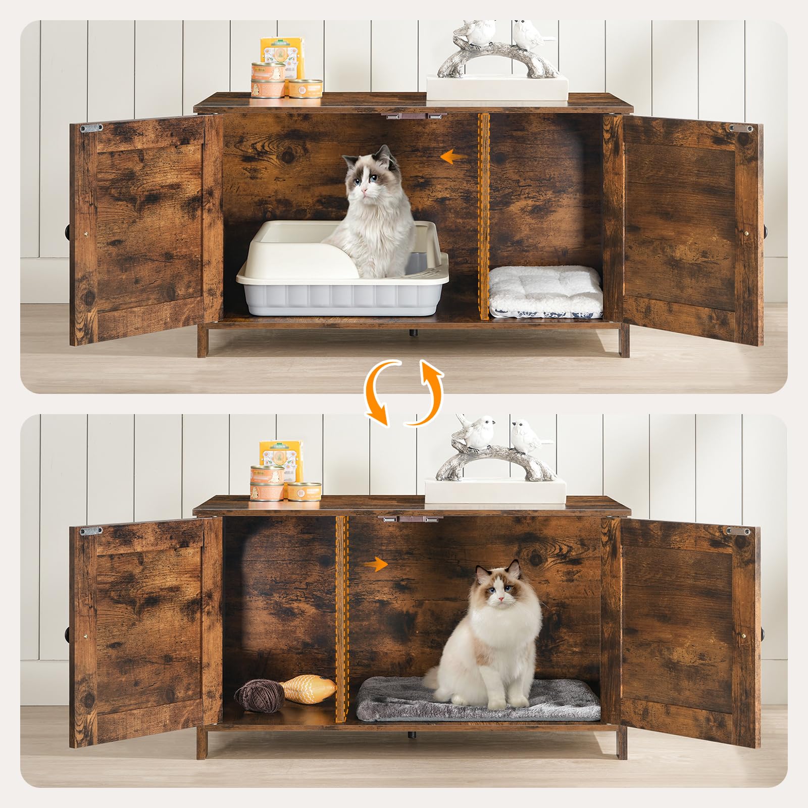 HOOBRO Casa para Gatos, Baño para Gatos con Dos Puertas y Estante Ajustable, Cajón de Arena, Amplia Entrada, Resistente Construcción, para Sala de Estar, Dormitorio, Entrada, Vintage EBF03MW01G1