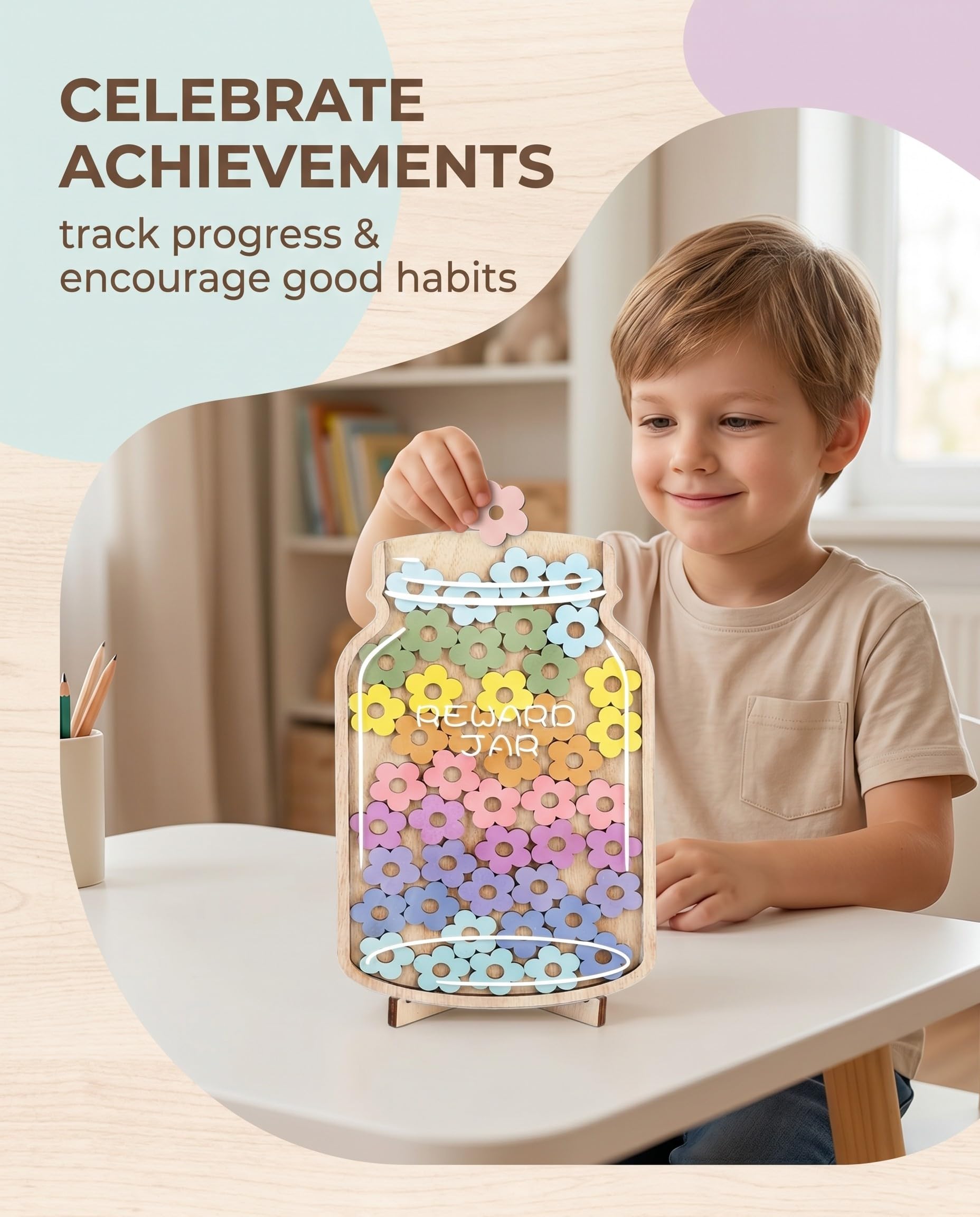 Barattolo Ricompense Bambini con 45 Fiori e Supporto, Sistema Motivazionale Visuale per Gestione Comportamento e Token Economy Educativo, Incoraggia Buone Abitudini