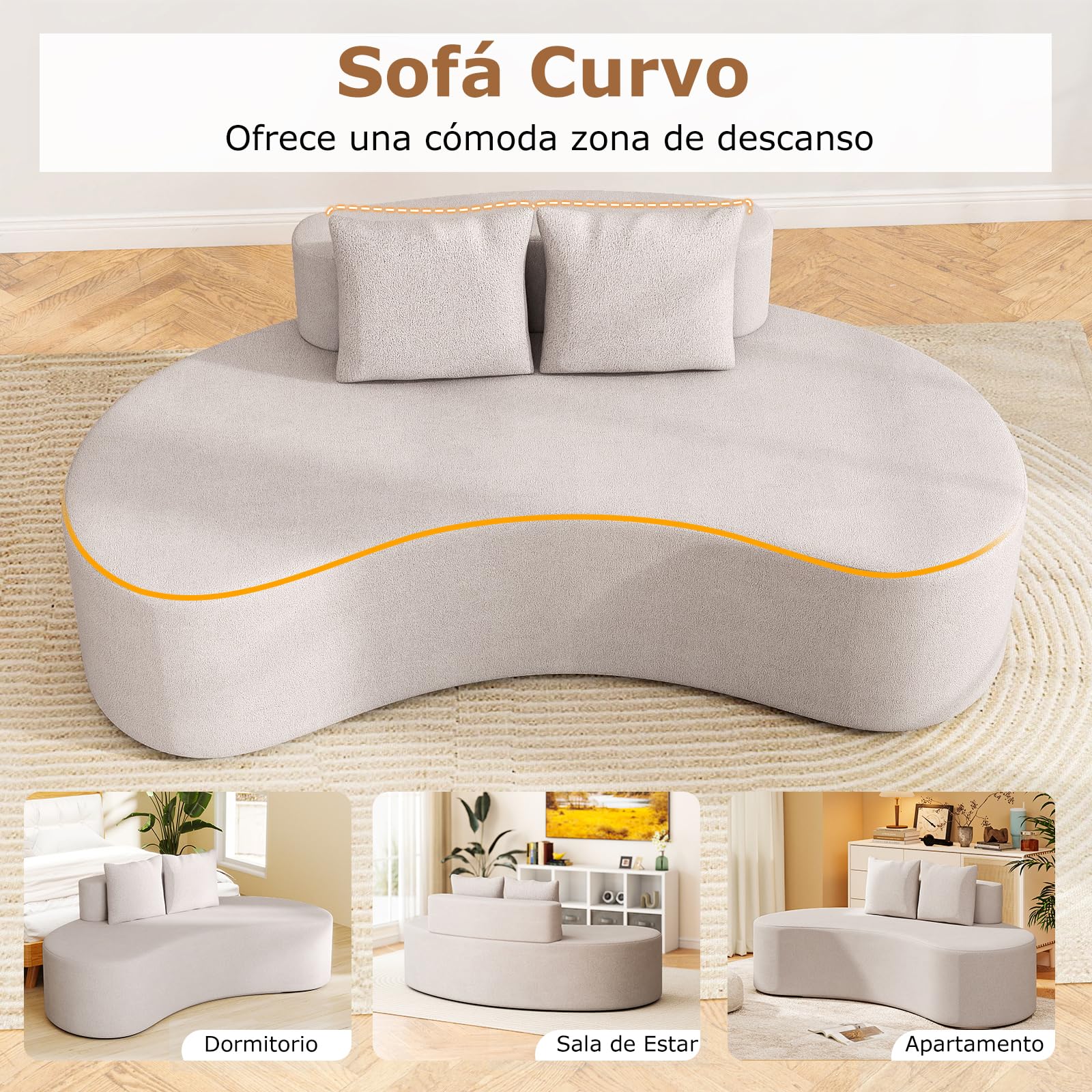 COSTWAY 199 cm Sofá de Compresión Curvo Tapizado con 2 Almohadas, Respaldo Bajo y Amplio Asiento Acolchado con Esponja, Base Antideslizante, sin Montaje, Sofá de Suelo para Salón, Dormitorio (Gris)