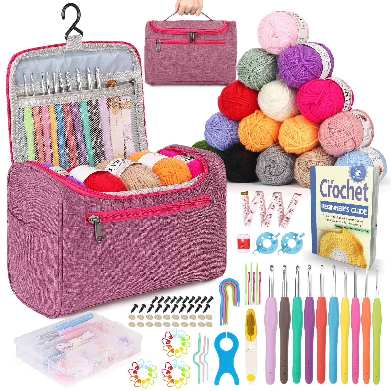 Reessy Crochet Kit, Crochet Kits for Beginners Adults include Instructions 10 Size Crochet Hooks 15Pcs×25g Yarn Storage Bag and Crochet Accessories, Complete Crochet Start Kit - Pink