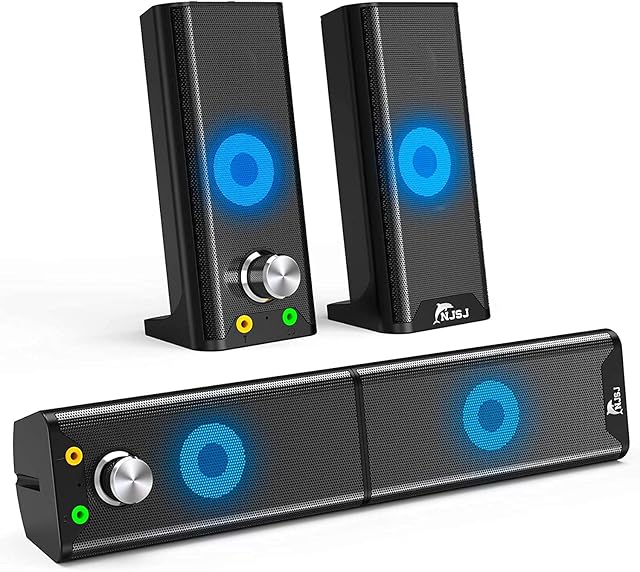 NJSJ Computer Speakers,2.0 USB Powered PC Soundbar with 2 in 1 Detachable Design,RGB LED Light Up,3.5mm Aux Stereo Gaming Speakers for PC Desktop,Monitor,Laptop