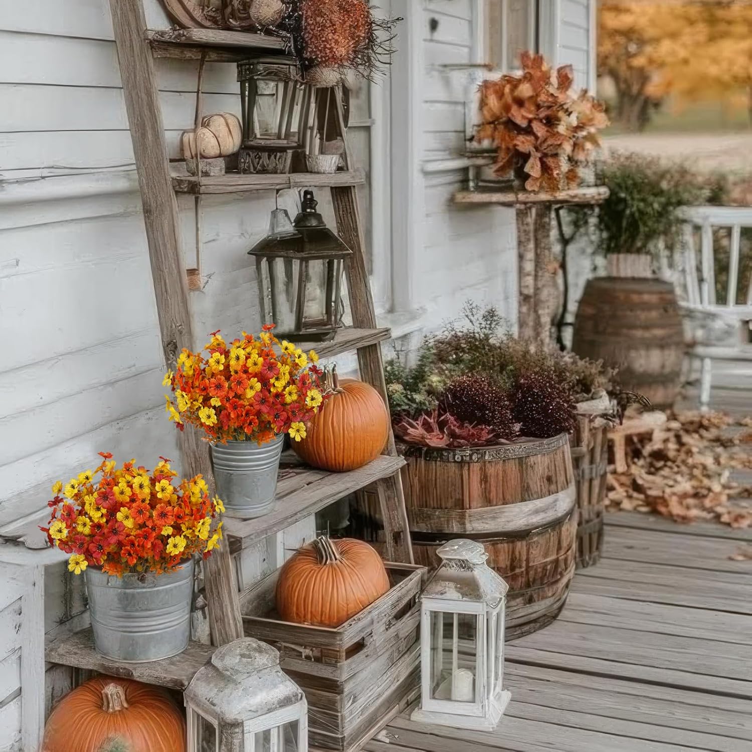 8 Pcs Fall Artificial Flowers for Outdoor Autumn Decoration Fake Fall Daisy Flower Silk Flowers Outside UV Resistant Faux Mums for Outdoors Planters Porch Garden Pots Window Fall Decor - Image 3