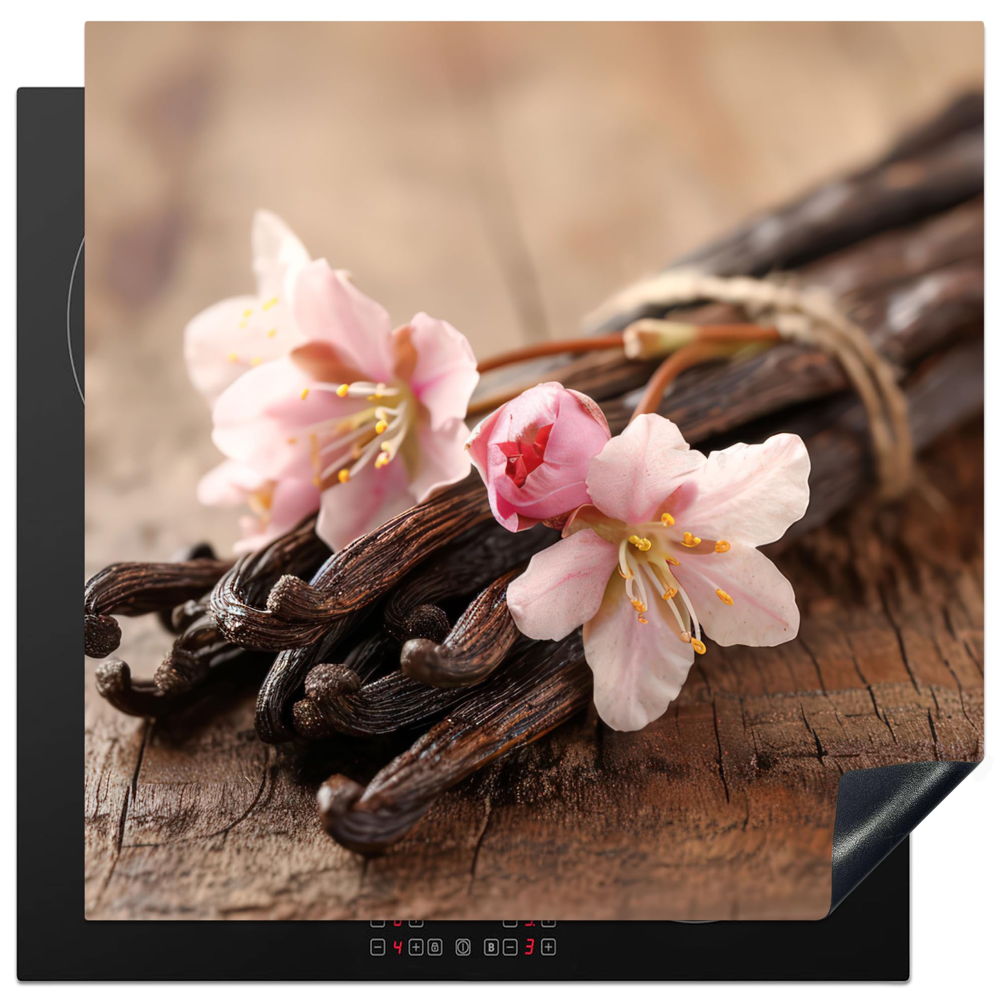 KitchenYeah© Induction Hob Cover Protector Mat 30.7"x30.7" / 78x78 cm Kitchen Universal Ceramic Covers for Electric Cookers Vinyl Vanilla - Flowers - Vanilla pods - Wood - Pink